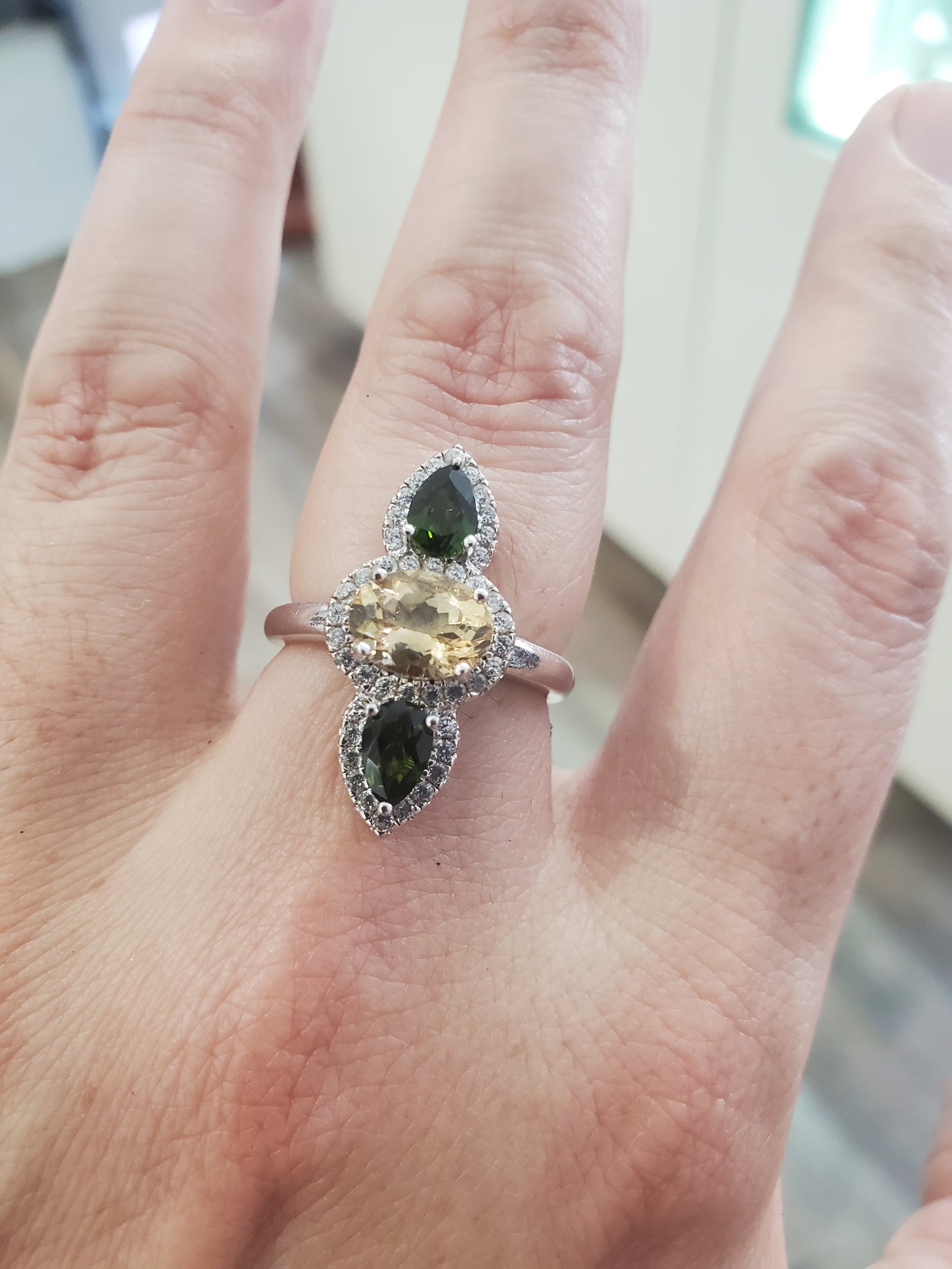 925 Sterling Silver Vertical Chrome Diopside & Citrine Topaz Ring