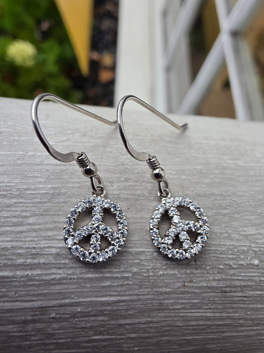 925 Sterling Silver Sparkling Peace Sign dangle Earrings