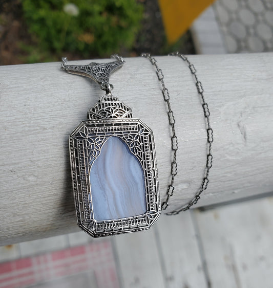 925 Sterling Silver Antique Ladies Blue Lace Agate Art Deco Filagre Necklace