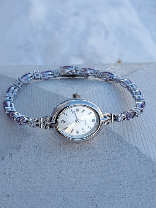 925 Sterling Silver Amethyst & CZ Zirconia Watch Tennis Bracelet