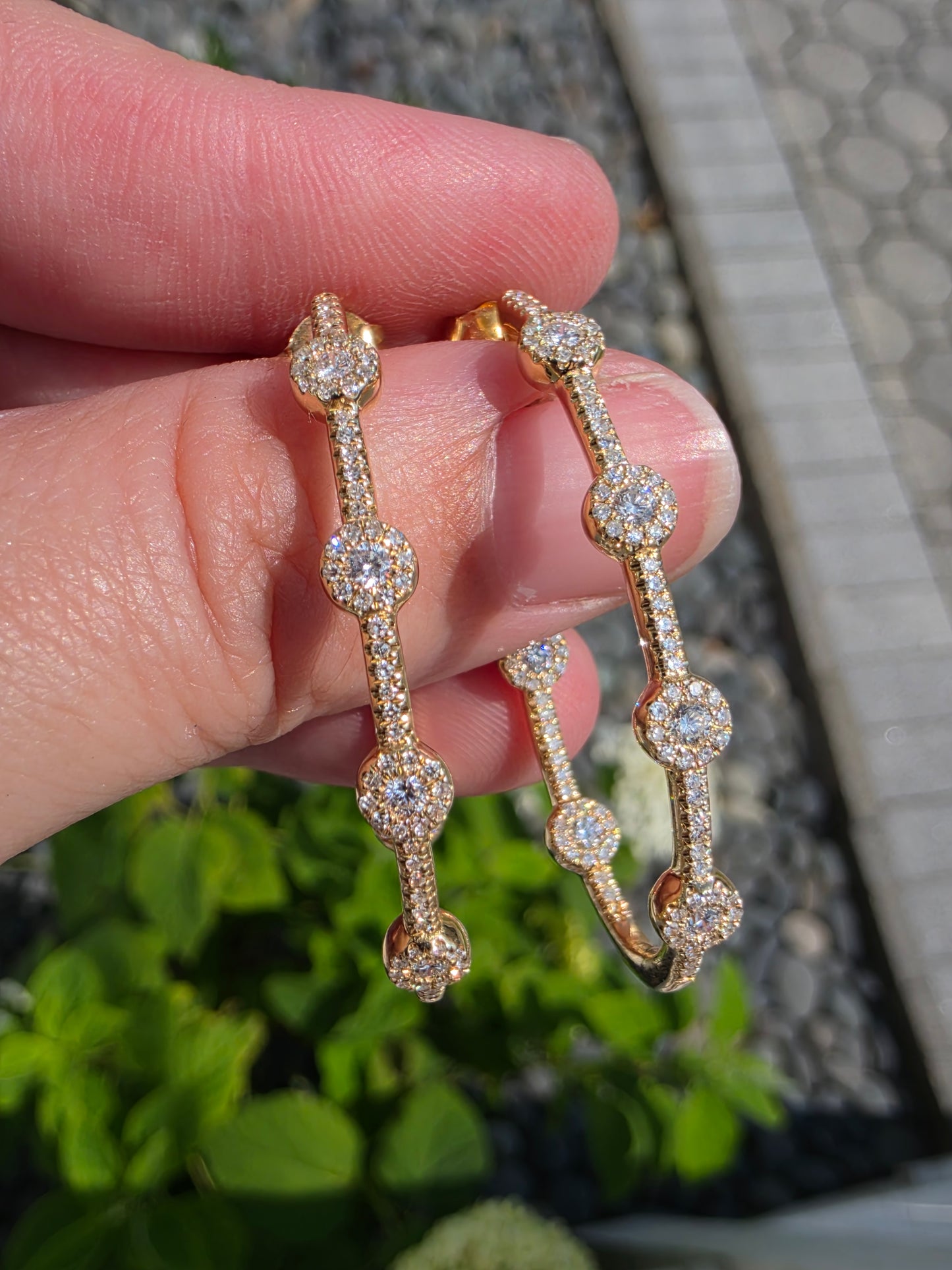 14k Solid Gold 3/4 Pave Oval Oblong Natural Diamond Hoop Earrings