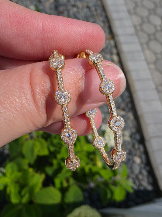 14k Solid Gold 3/4 Pave Oval Oblong Natural Diamond Hoop Earrings