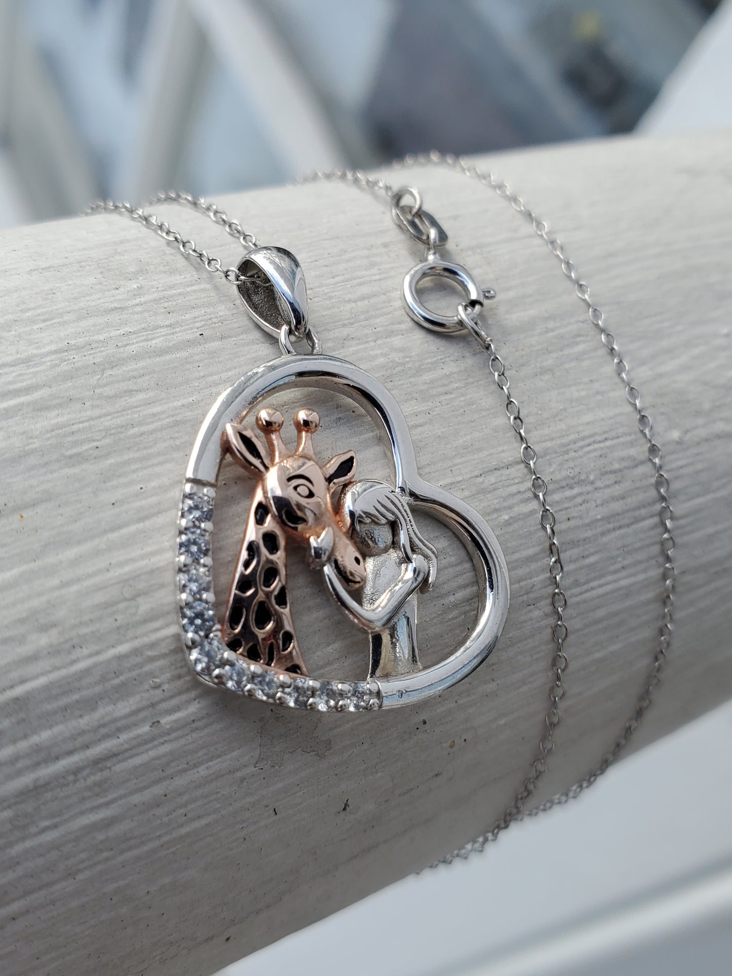 925 Sterling Silver "I Love Giraffes" Giraffe Heart Pendant Necklace