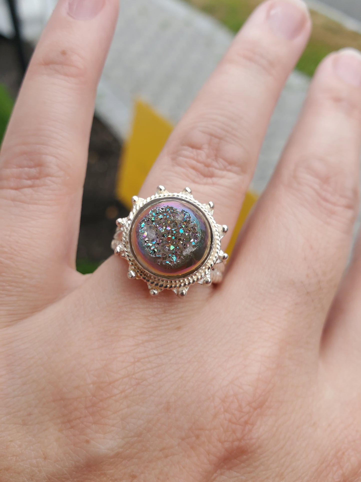 925 Sterling Silver Mystic Druzy Tapered Twisted Cable Ring