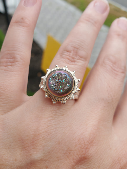 925 Sterling Silver Mystic Druzy Tapered Twisted Cable Ring