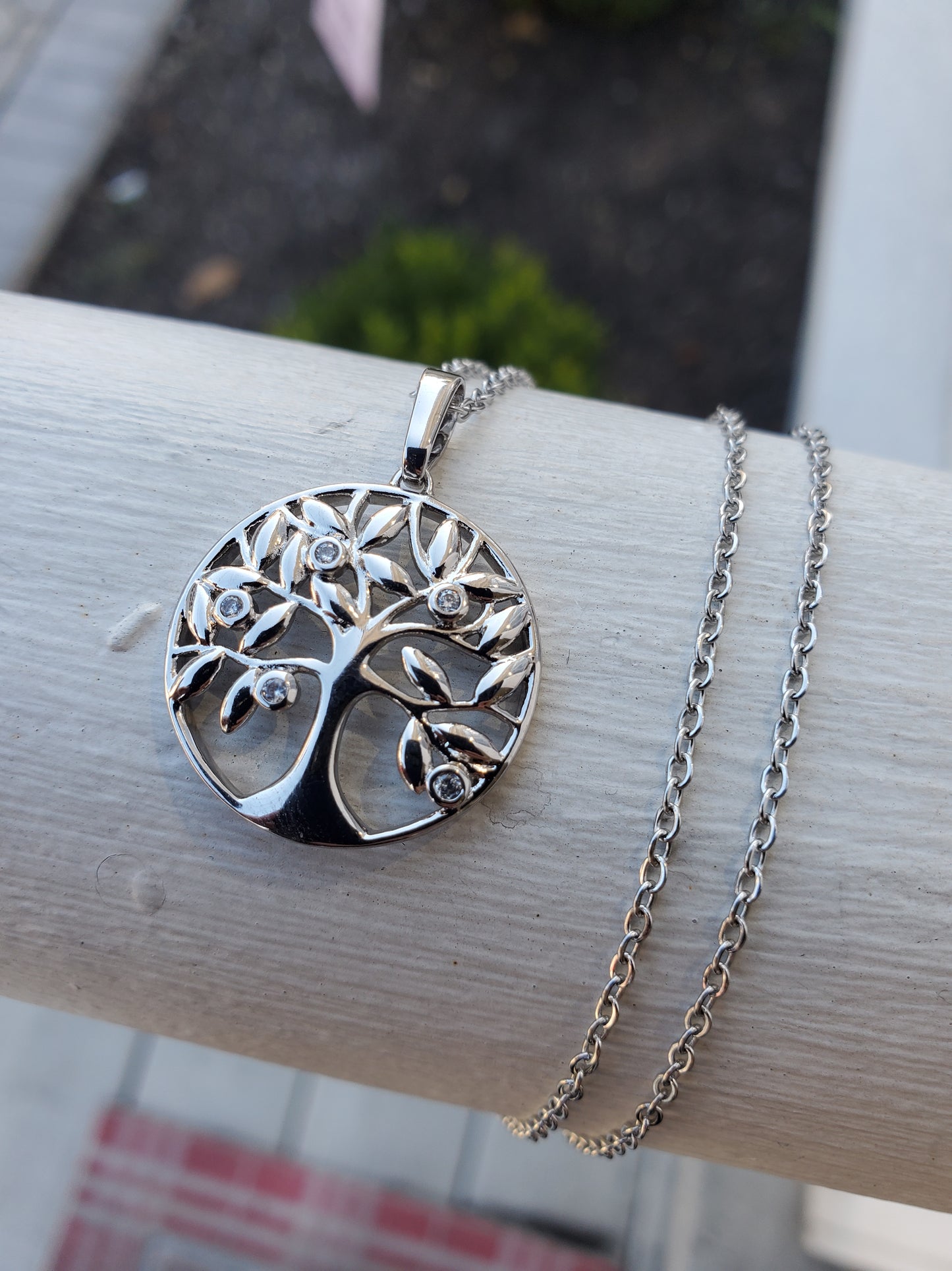 Stainless Steel Ladies Family Tree of Life clear zirconia Necklace