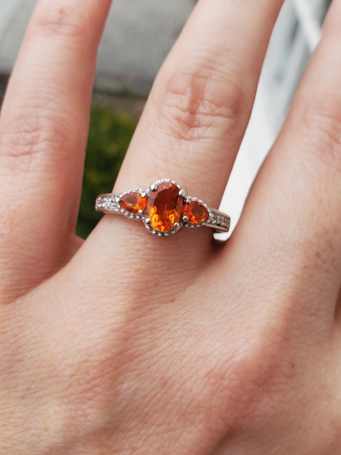 925 Sterling Silver Tangerine Orange & Clear Zirconia Past Present Future Ring