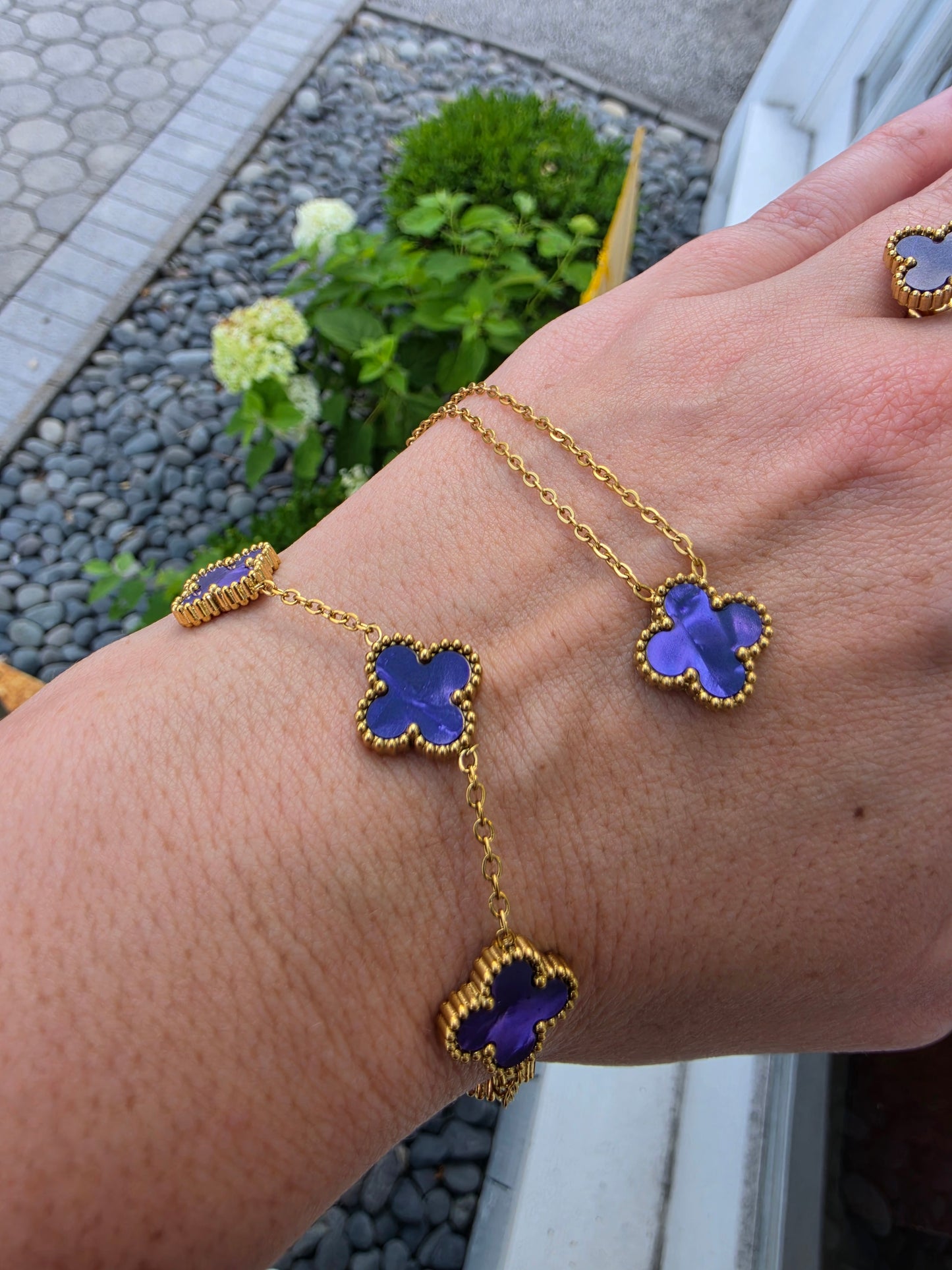 Stainless Steel Gold-plated Clover Station Van Cleef Style Purple Enamel Alhambra Necklace, Bracelet & Earring Gift Set