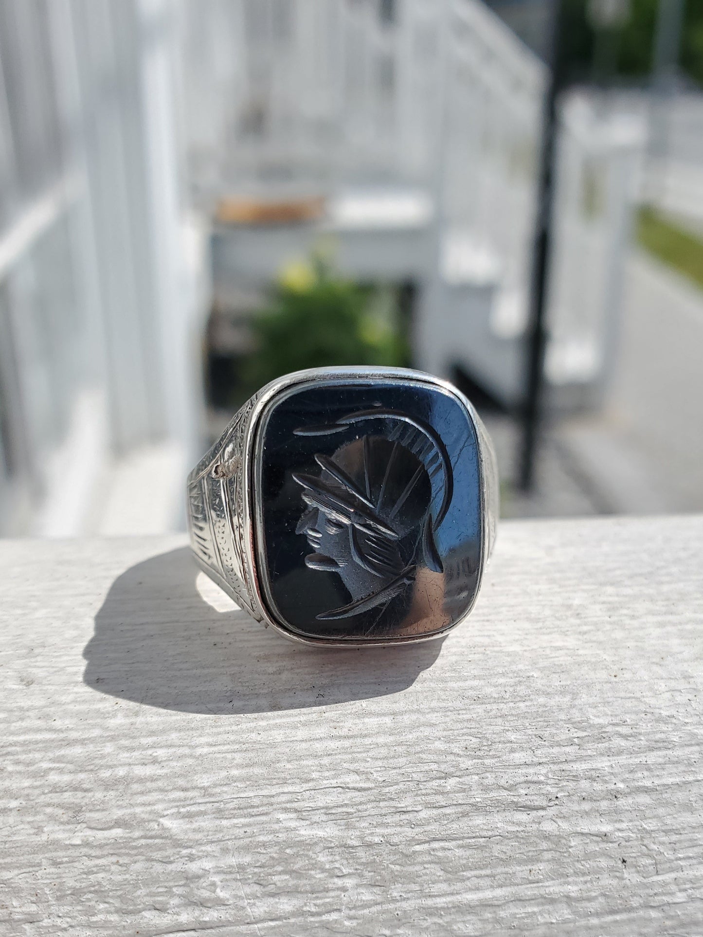 925 Sterling Silver Men's Hematite Intaglio Spartan Solider Signet Ring