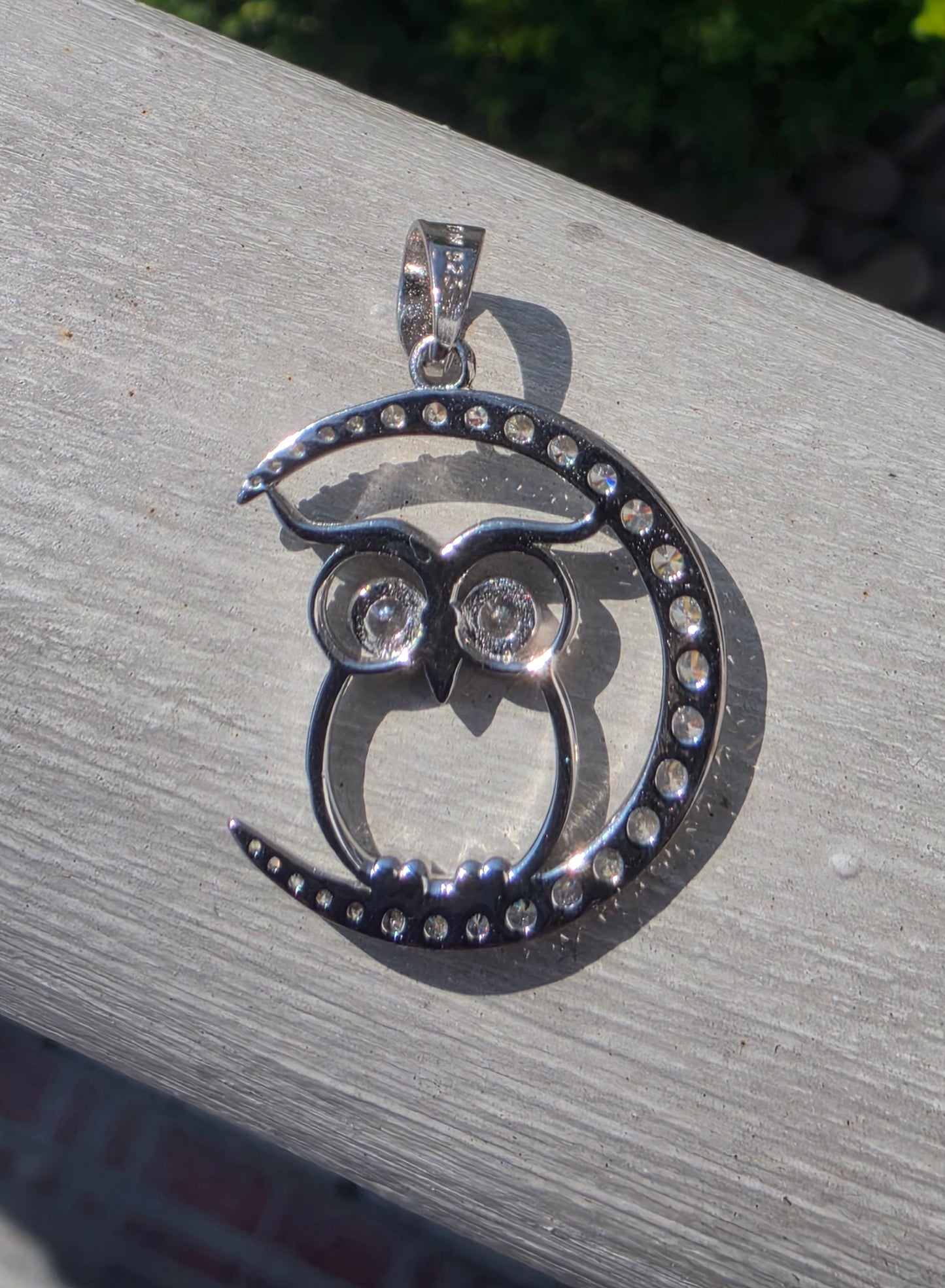925 Sterling Silver Crescent Moon Owl White Spinel Pendant