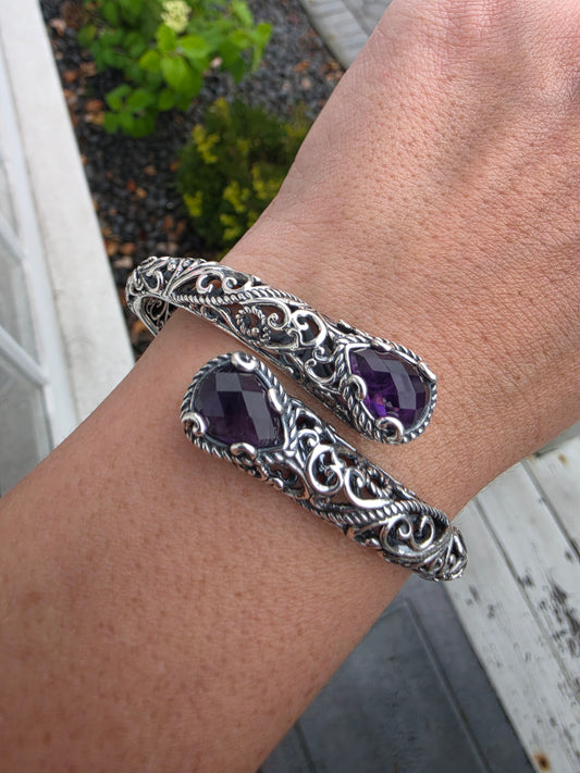 925 Sterling Silver Designer Carolyn  Pollock Roderick Tenorio Openwork Filagre Bypass Amethyst Bangle Bracelet