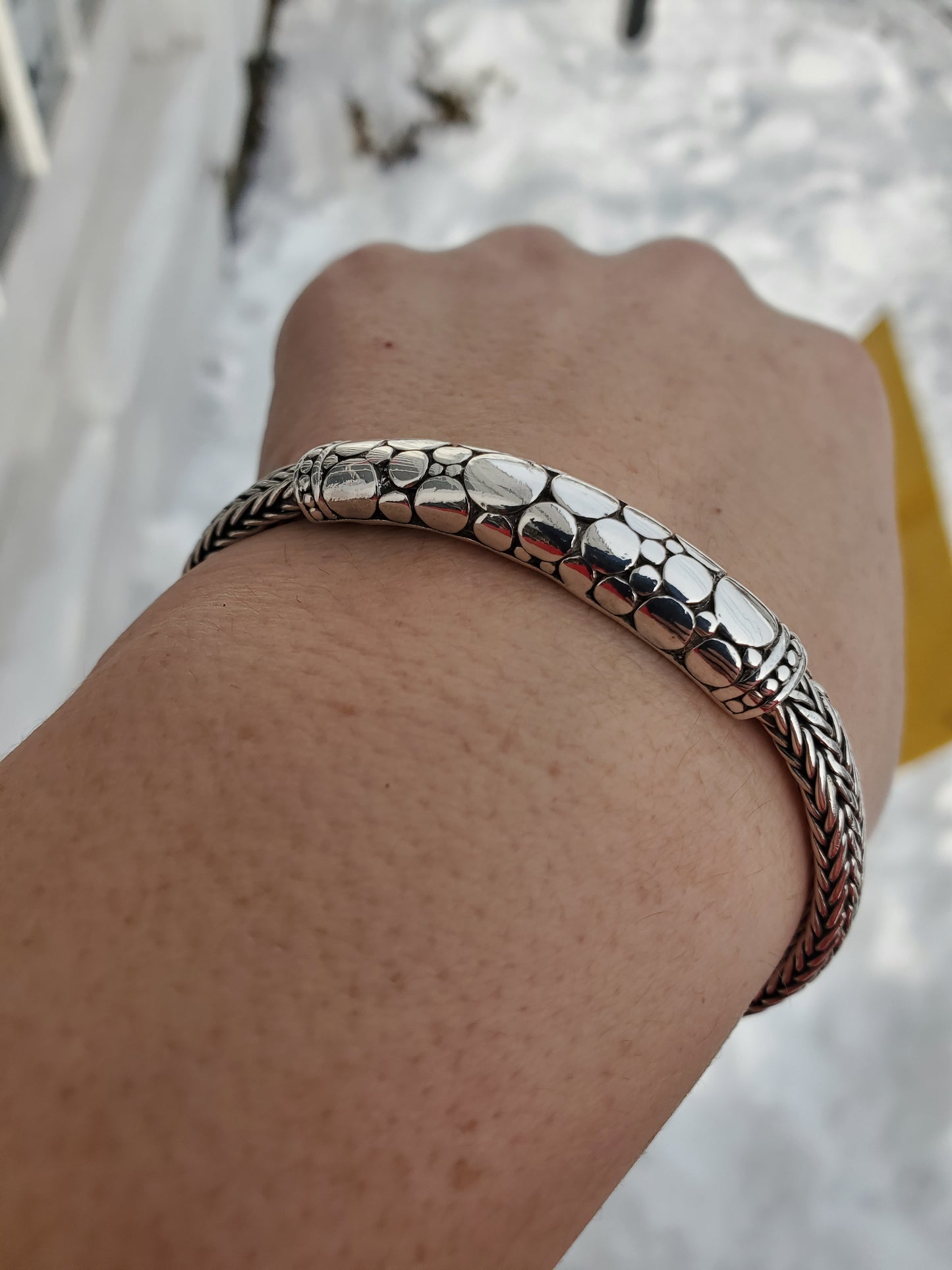 925 Sterling Silver Designer Sarda Kali Heavy Woven Textured Pebble Bar Bracelet