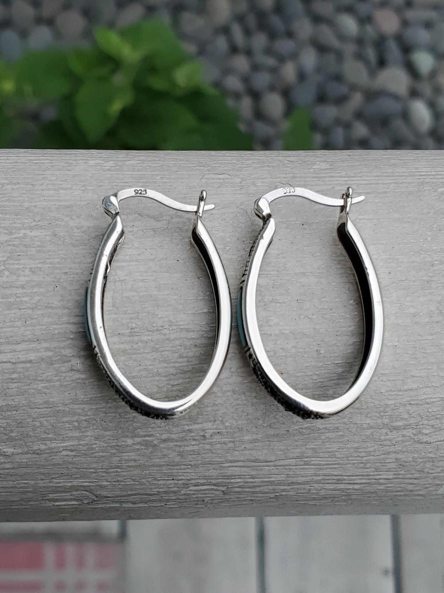 925 Sterling Silver Designer SLC Turquoise & Marcasite Oval Oblong Hoop Earrings