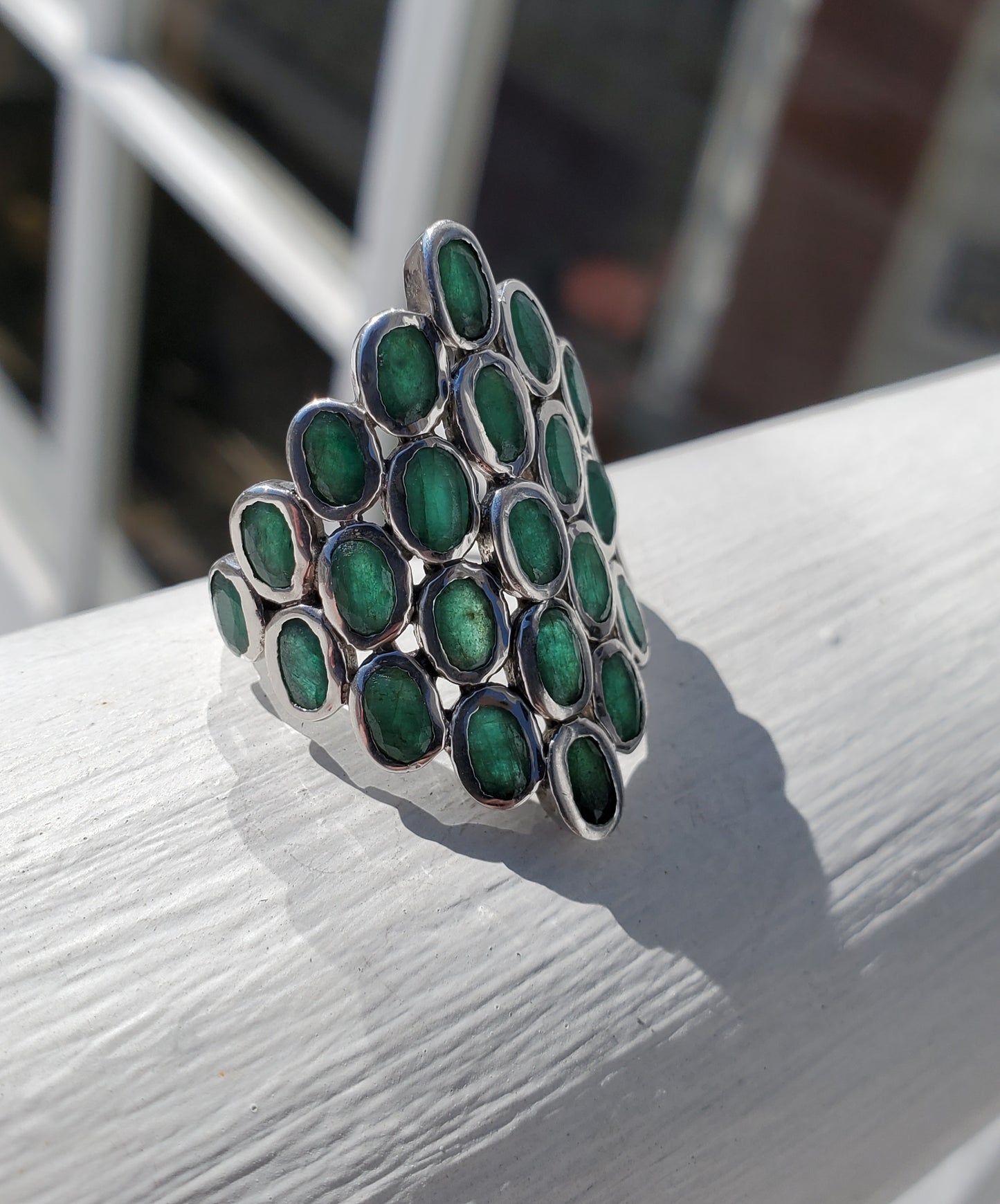 925 Sterling Silver Natural Emerald Cluster Ring