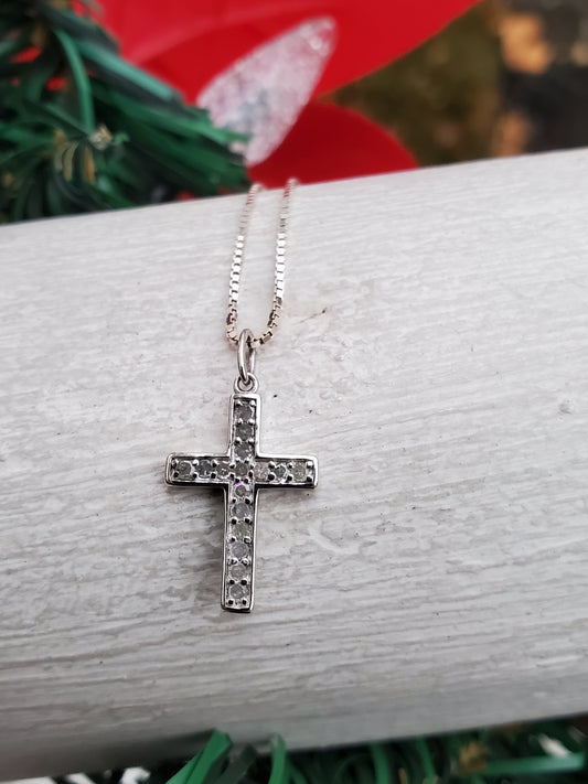 925 Sterling Silver Petite Genuine Natural Diamond Cross Pendant Necklace