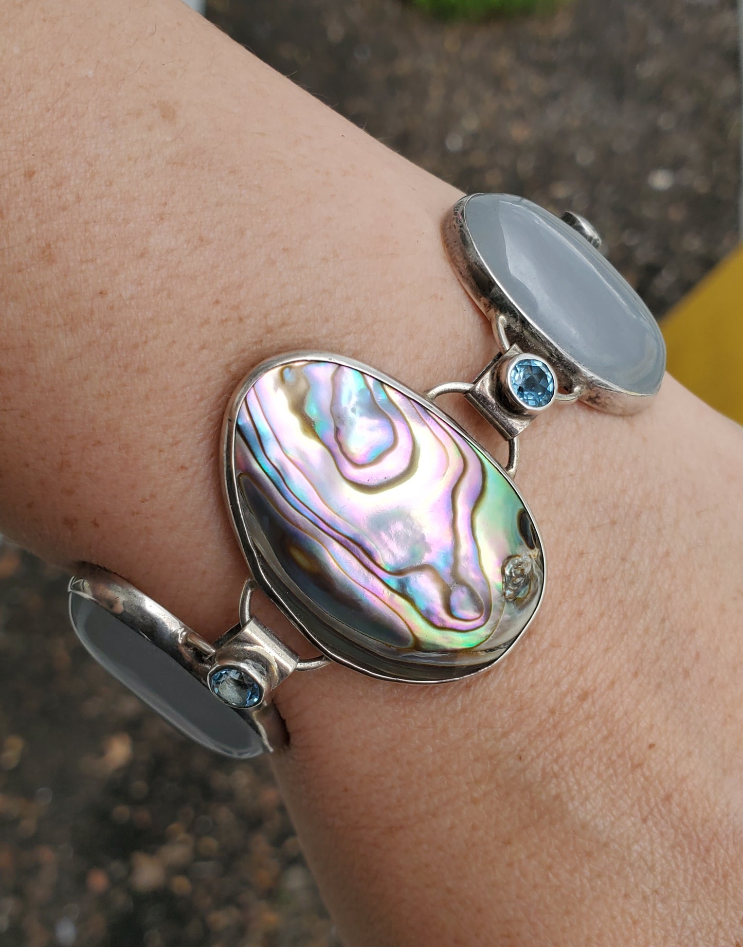 925 Sterling Silver Abalone, Gray Moonstone & Blue Topaz Large Stone Bracelet