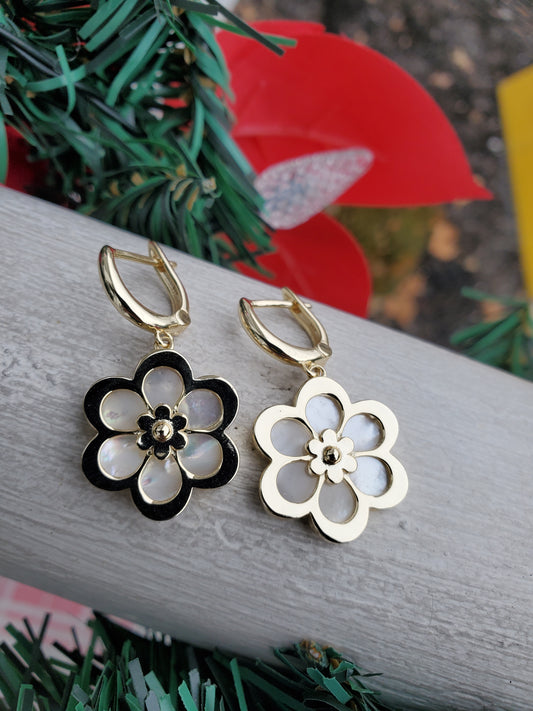 925 Sterling Silver Yellow Vermeil Mother of Pearl Flower Leaverback Earrings