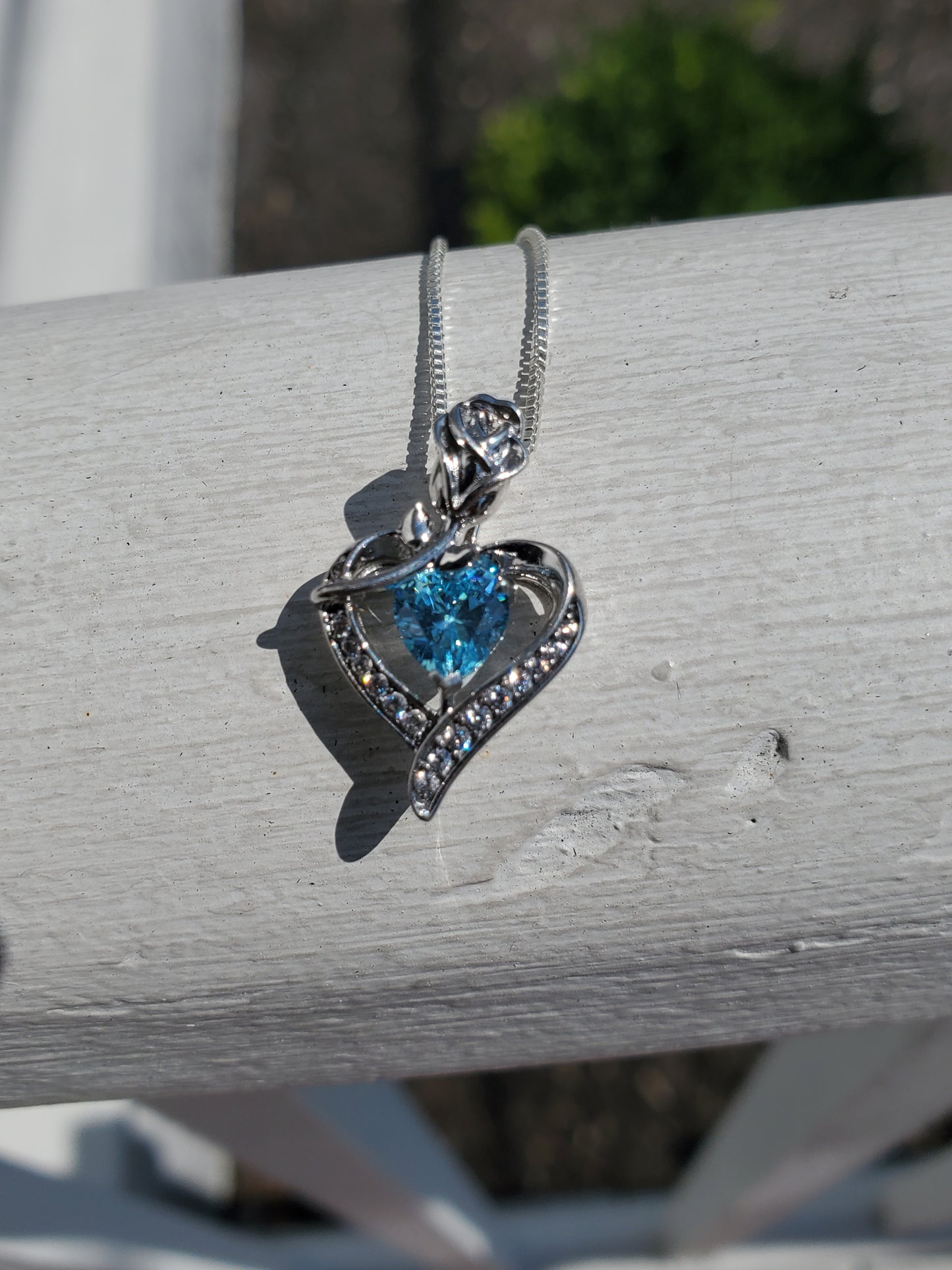 925 Sterling Silver Blue Topaz Zirconia Heart Rose Necklace