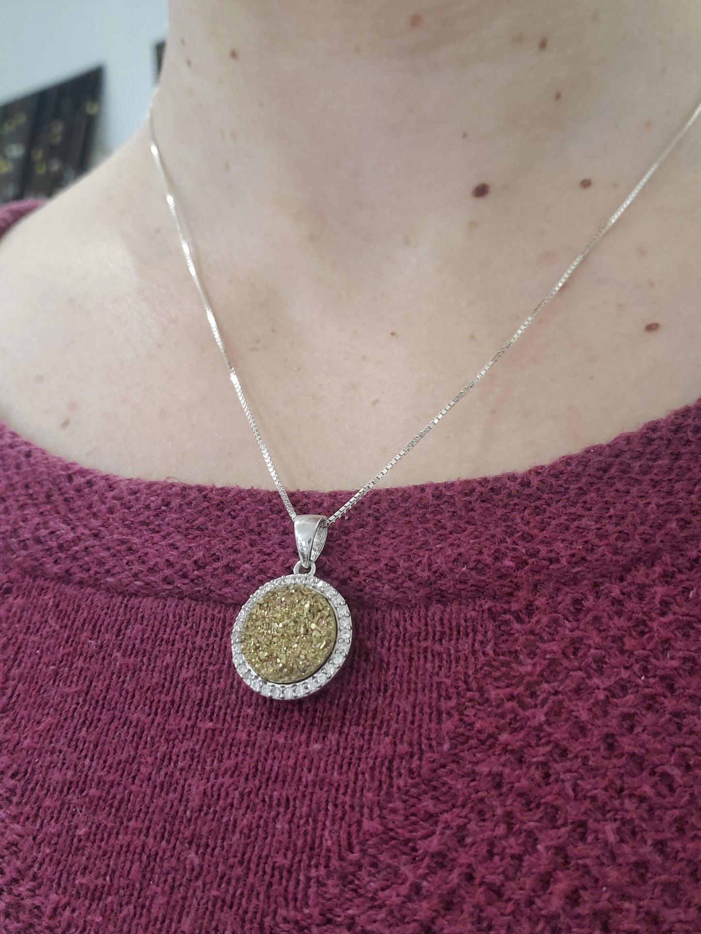 925 Sterling Silver Golden Druzy w/CZ Zirconia Halo Pendant Necklace