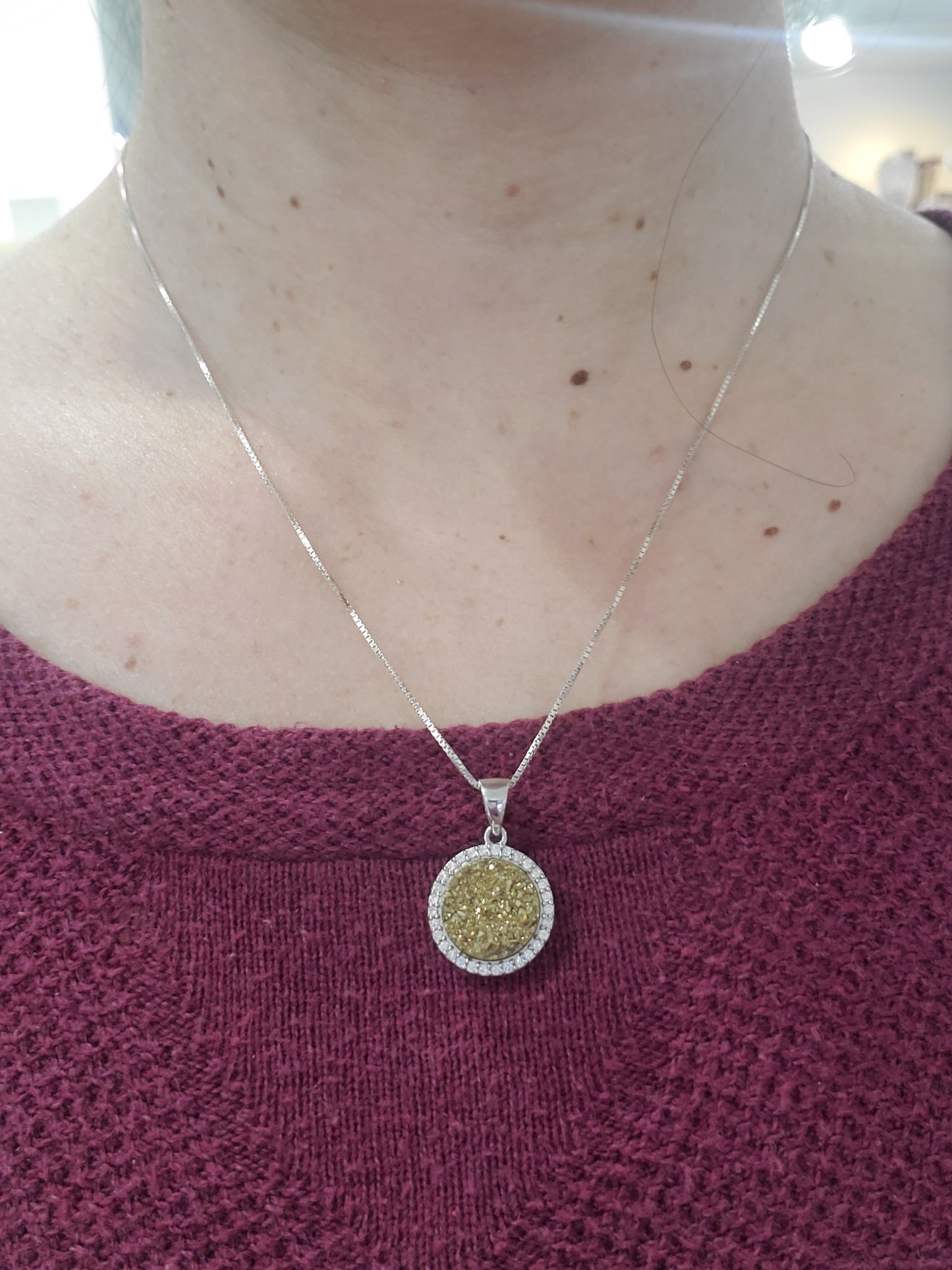 925 Sterling Silver Golden Druzy w/CZ Zirconia Halo Pendant Necklace