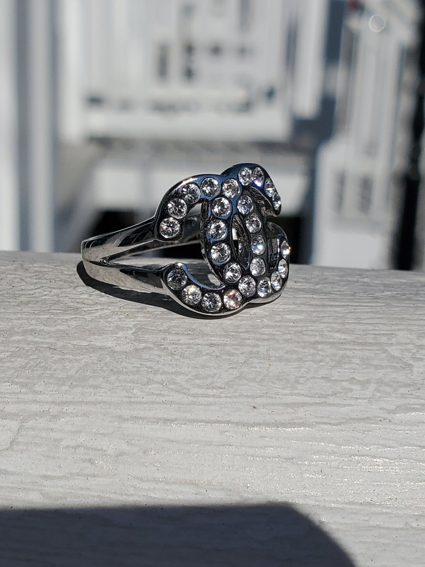 925 Sterling Silver Designer Inspired CC Logo Zirconia Ring
