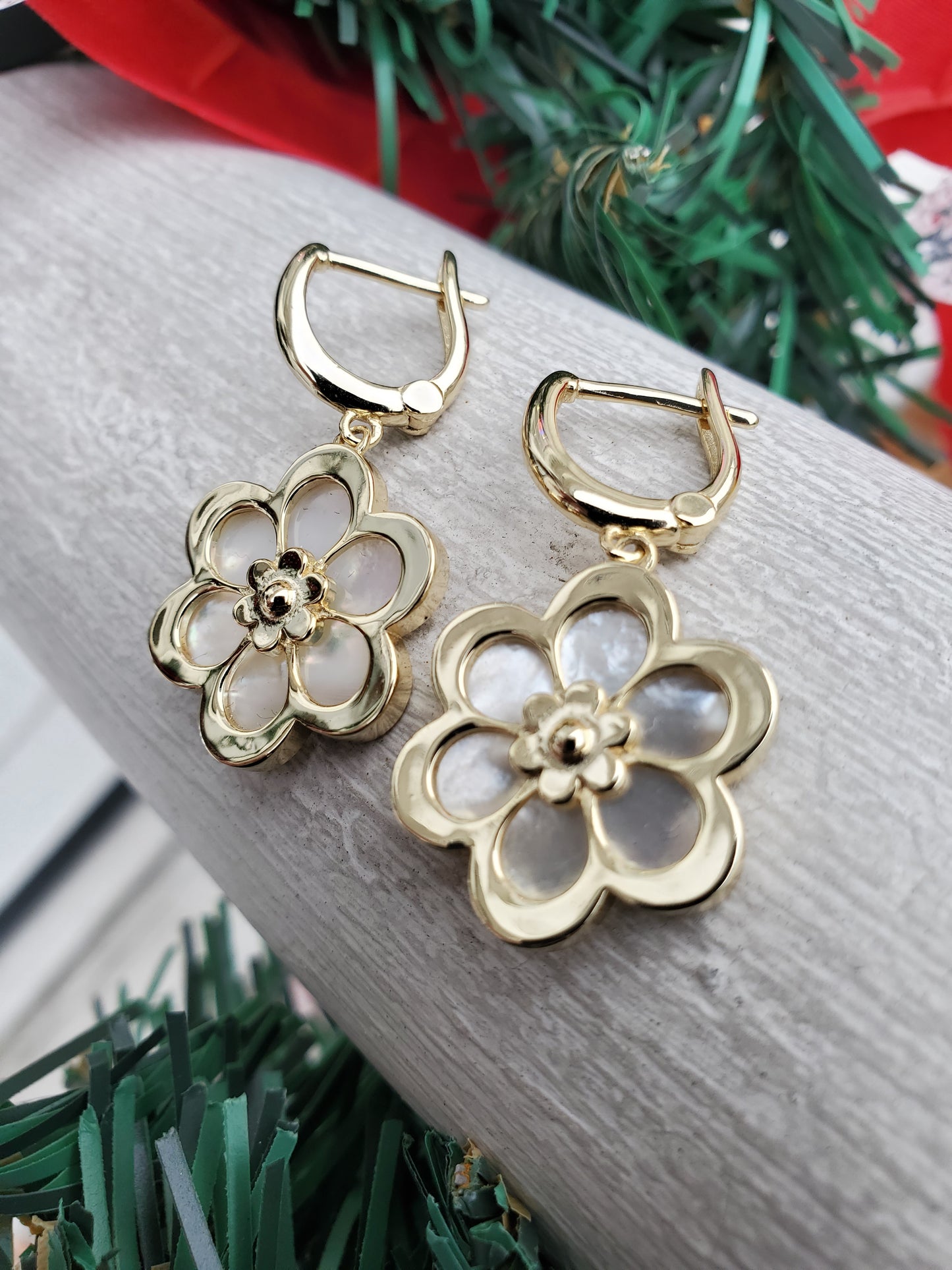 925 Sterling Silver Yellow Vermeil Mother of Pearl Flower Leaverback Earrings