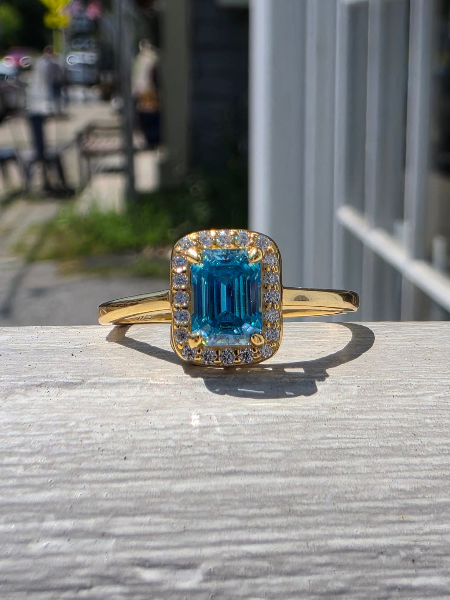 925 Sterling Silver 18k Vermeil Arctic Blue Emerald Cut Moissanite Ring w/Rlear Moissanite Halo