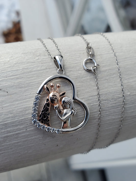 925 Sterling Silver "I Love Giraffes" Giraffe Heart Pendant Necklace