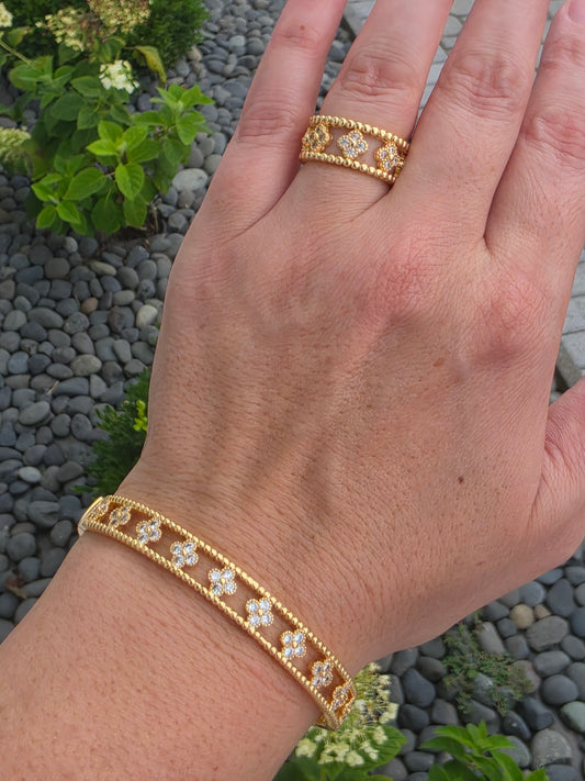 Gold Plated cz clover ring & 7" bangle bracelet set