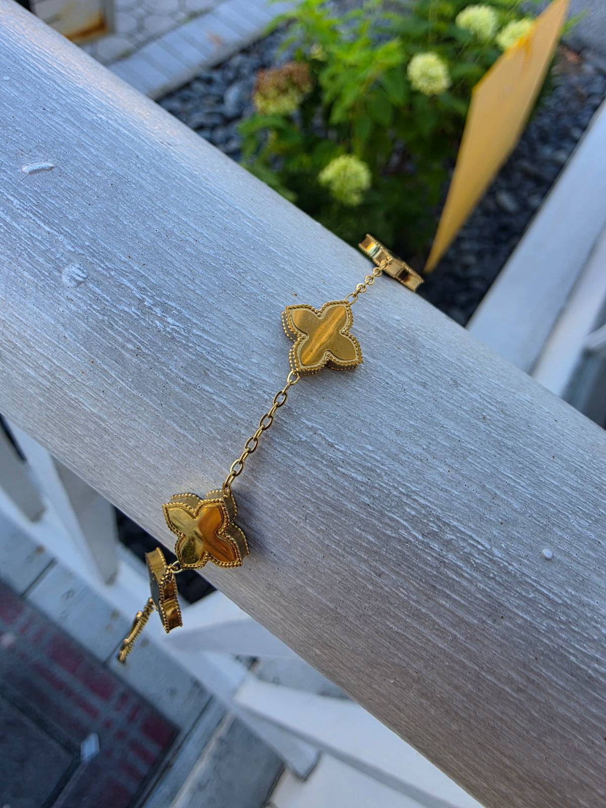 Stainless Steel Gold Vermeil Blue Clover Station Van Cleef Style Bracelet Adjustable 7"-9"