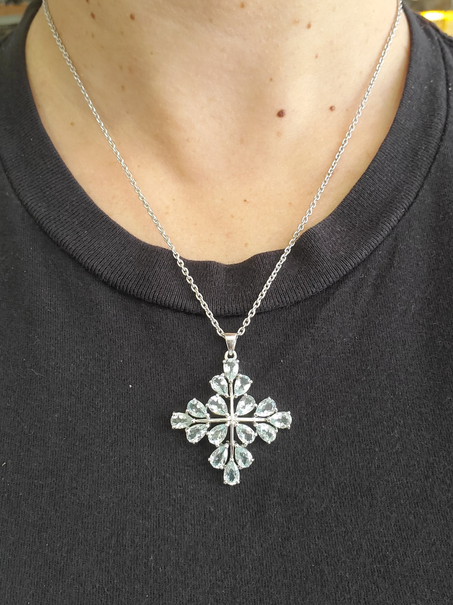 925 Sterling Silver Genuine Aquamarine Pear Shape Cross Cluster Pendant Necklace