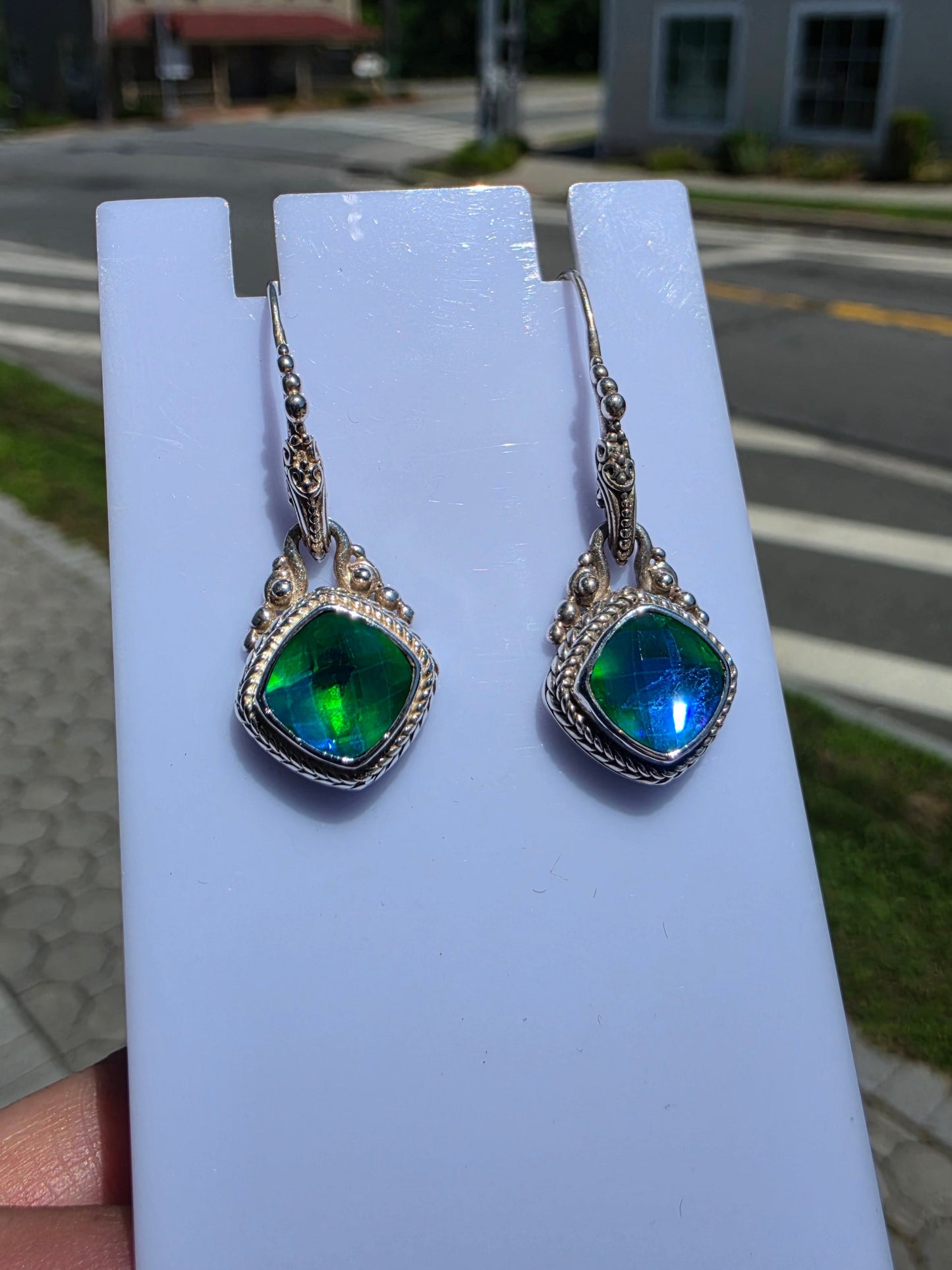925 Sterling Silver Designer Sarda Rainbow Peridot Quartz Bali Dangling Earrings