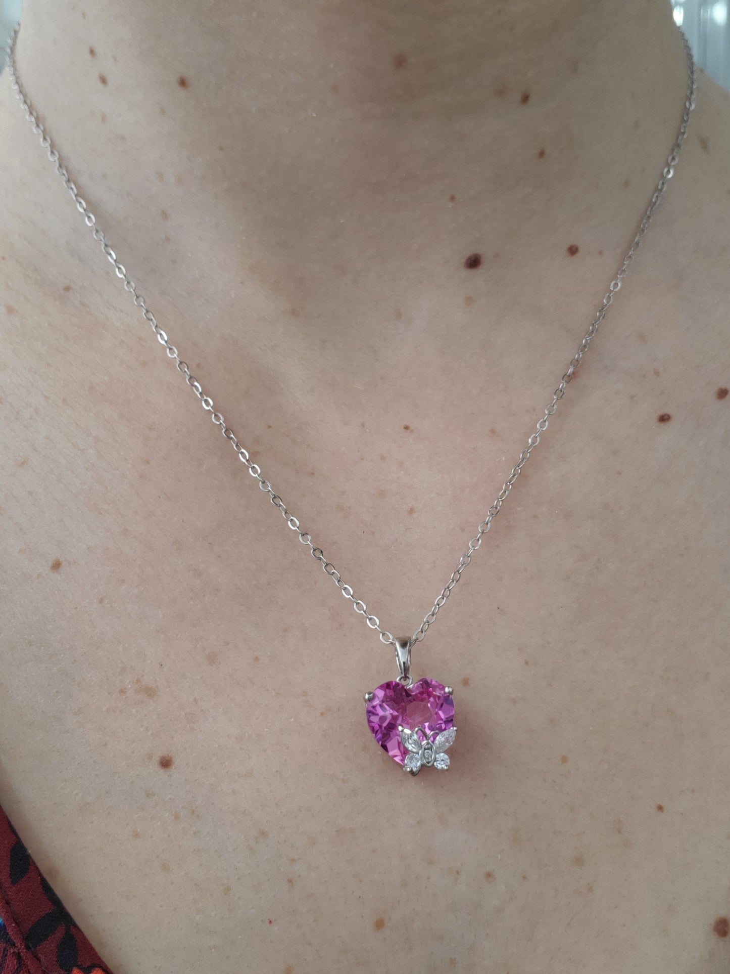 925 Sterling Silver Hot Pink Heart Butterfly Zirconia CZ Necklace