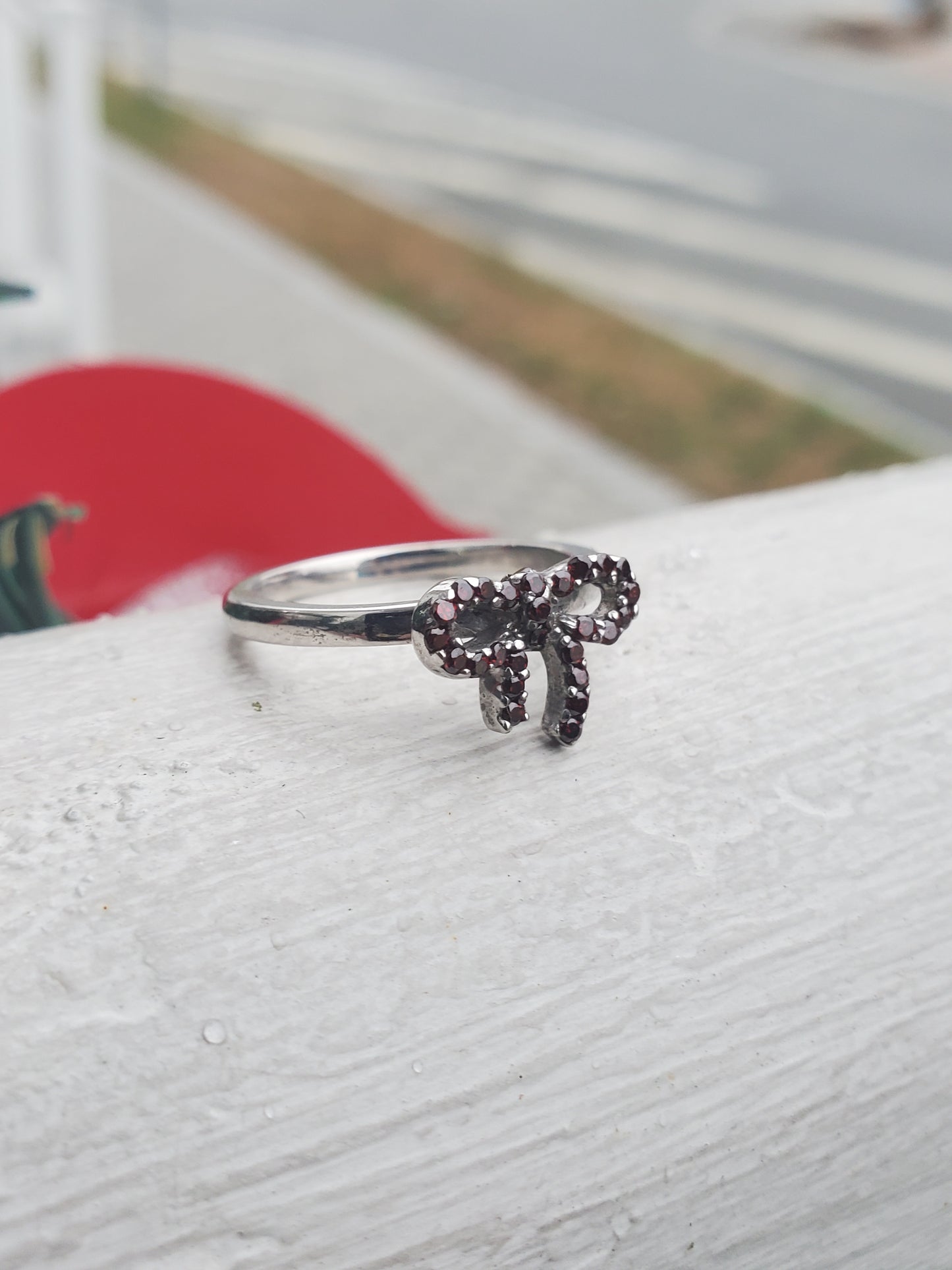 925 Sterling Silver Red Garnet Holiday Bow Ring