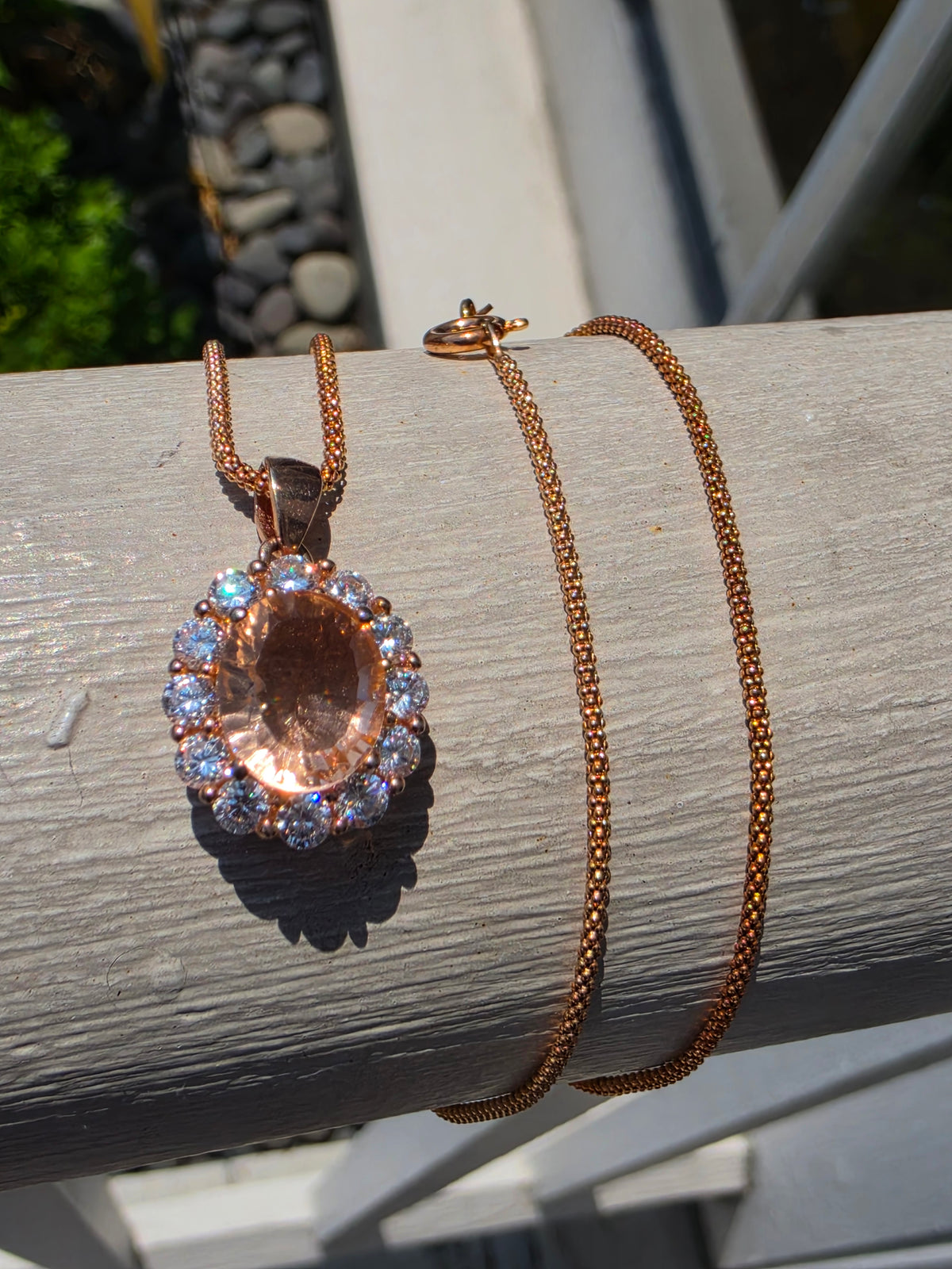 925 Sterling Silver Rose Vermeil Morganite & CZ Halo Solitare Necklace