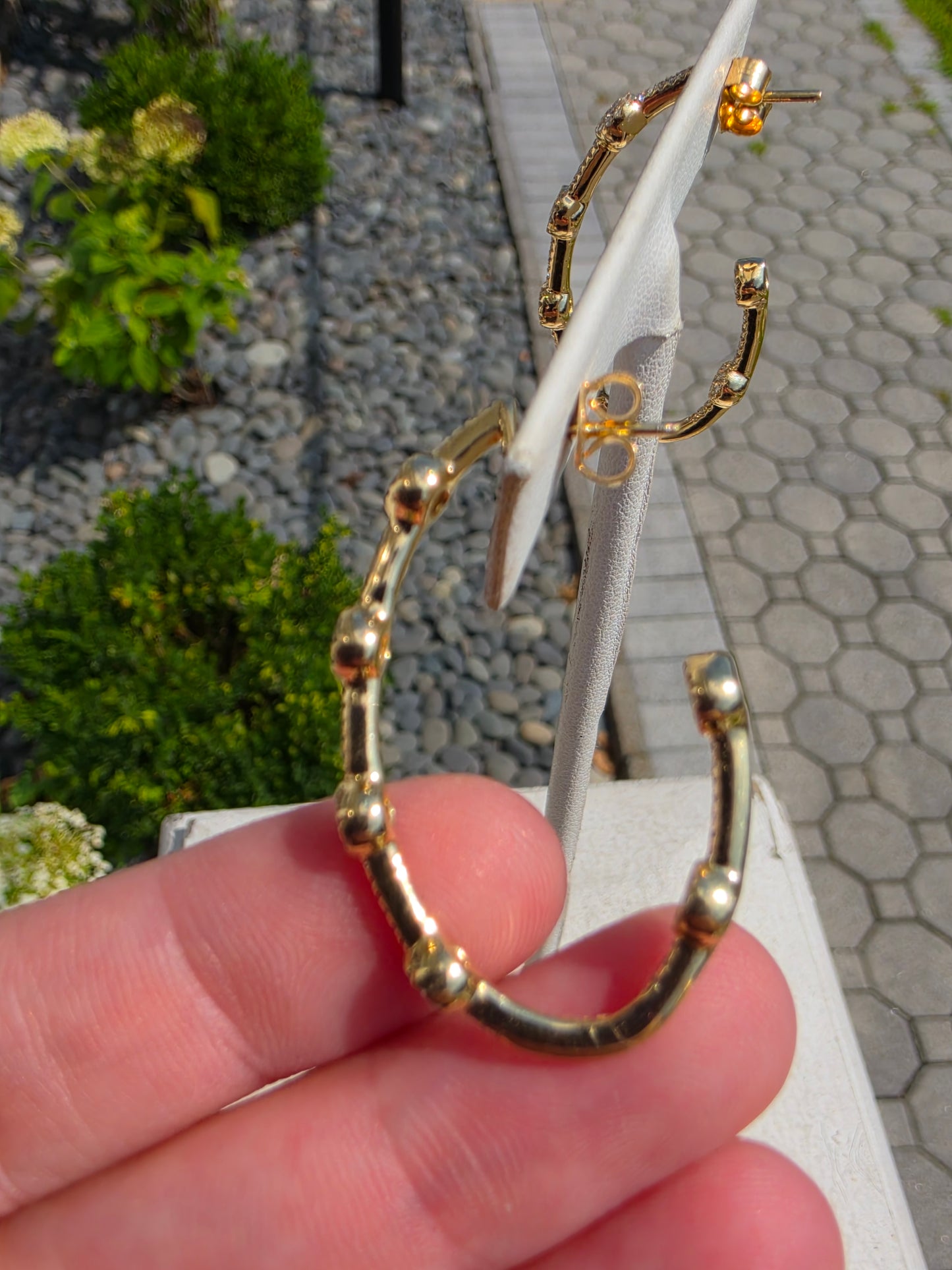 14k Solid Gold 3/4 Pave Oval Oblong Natural Diamond Hoop Earrings