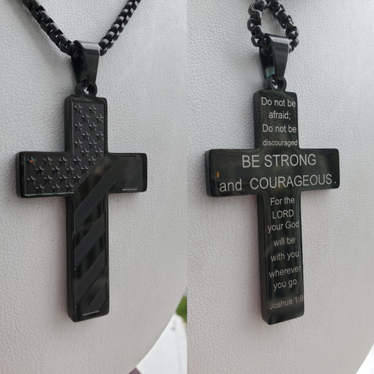 Stainless Steel Black Proud American Flag Cross Joshua 1:9 Necklace Pendant