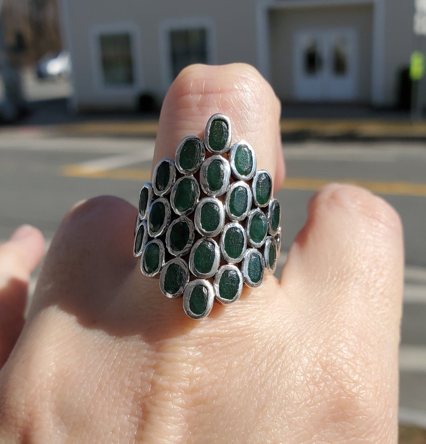 925 Sterling Silver Natural Emerald Cluster Ring