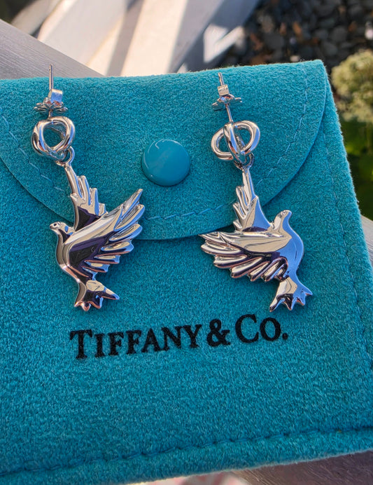 925 Sterling Silver Designer Tiffany & Co Dangling Peace Dove Earrings