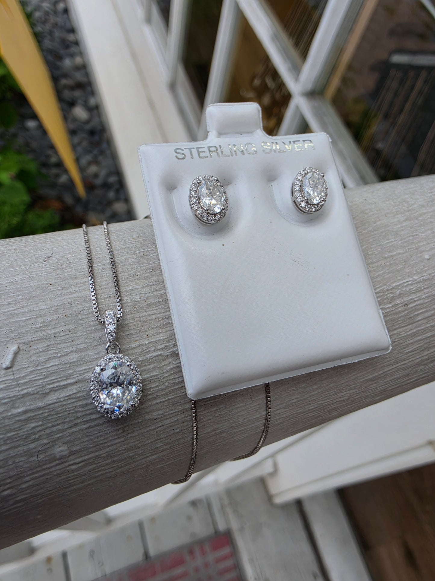 925 Sterling Silver Oval Moissanite Oval Halo Necklace & Earring Gift Set
