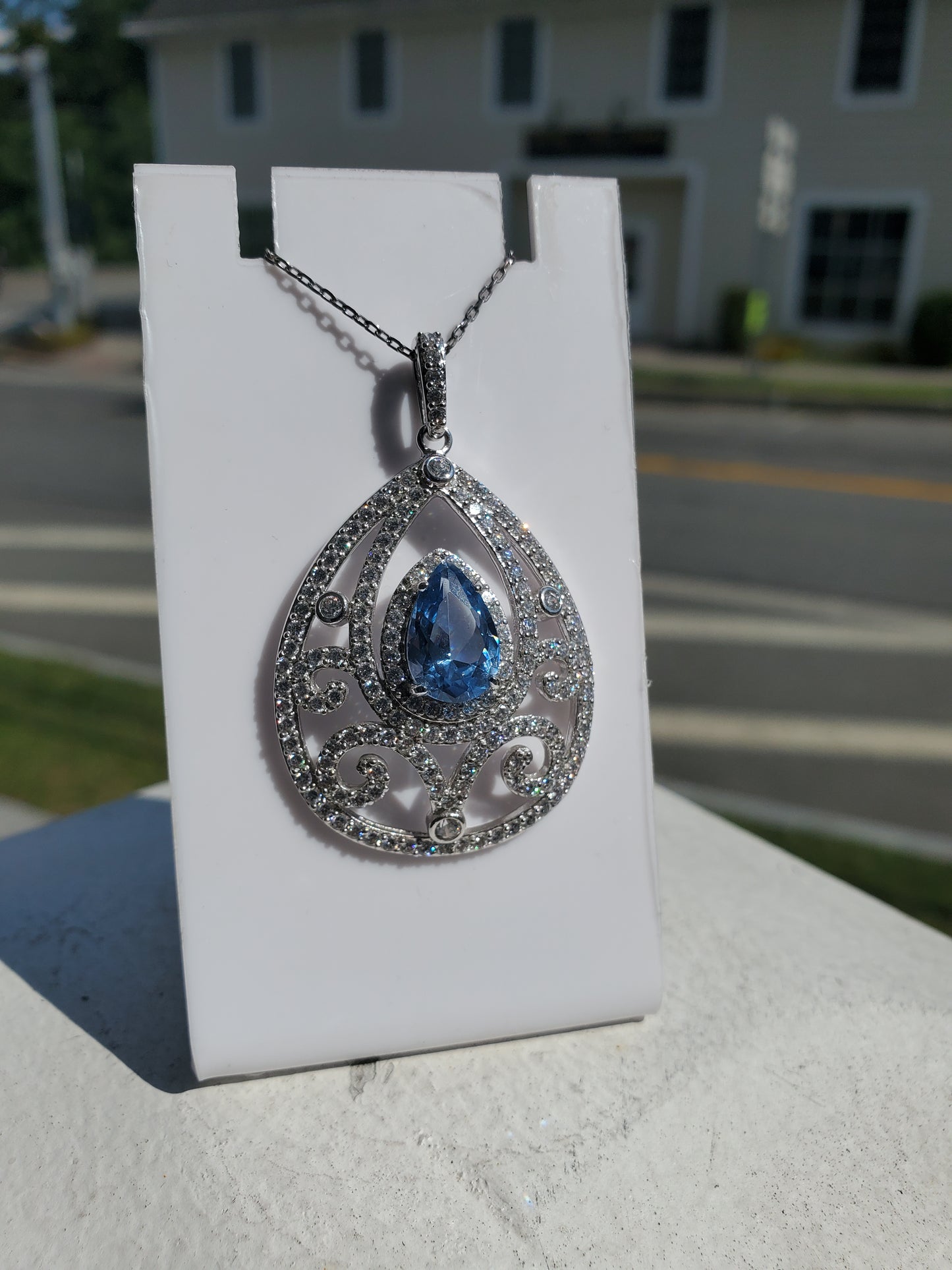 925 Sterling Silver 2ct Blue Topaz & Zirconia Large Teardrop Filagre Statement Necklace