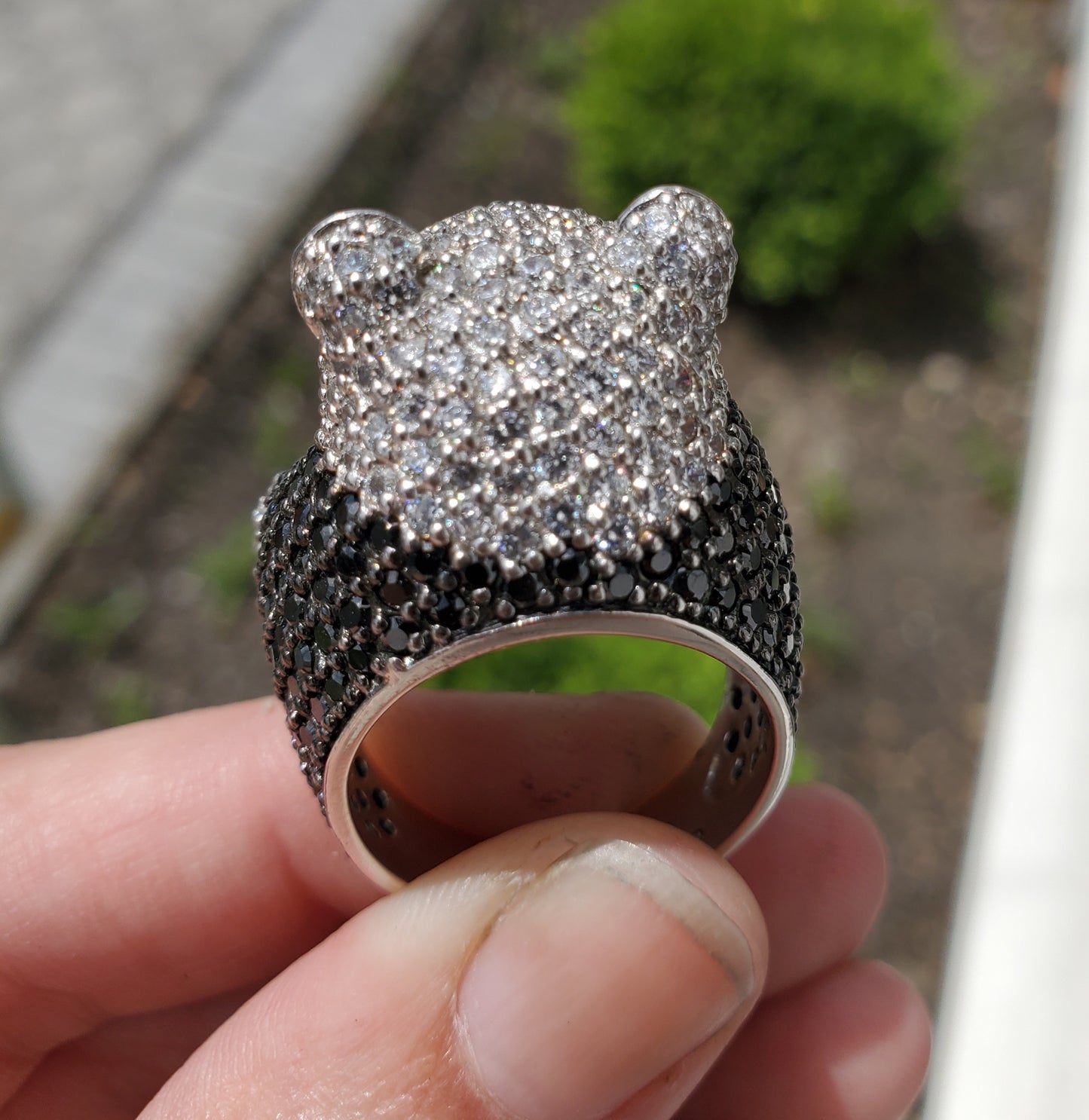 925 Sterling Silver Large Panda Black & Clear CZ Zirconia Cocktail Ring