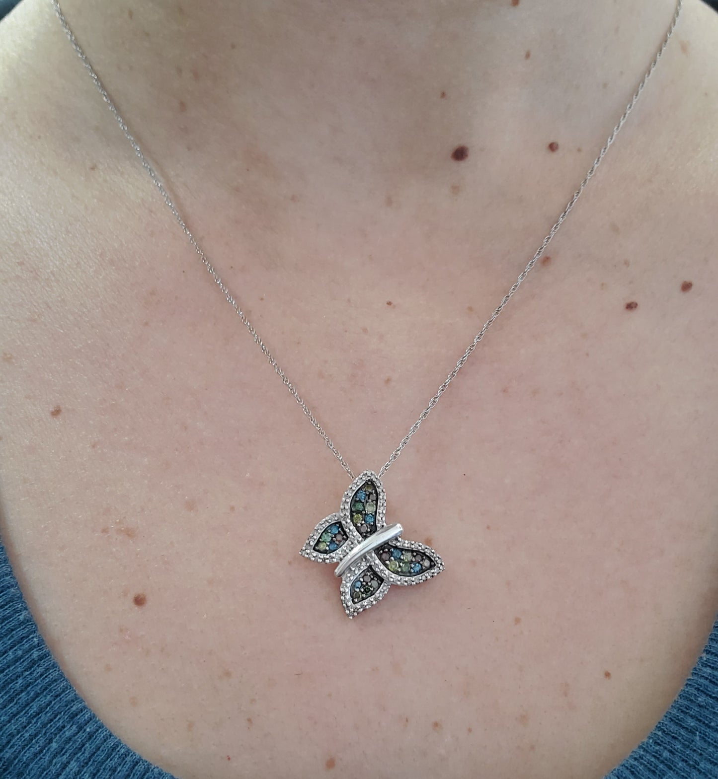 925 Sterling Silver 1tcw Multi-Color Diamond Butterfly Necklace