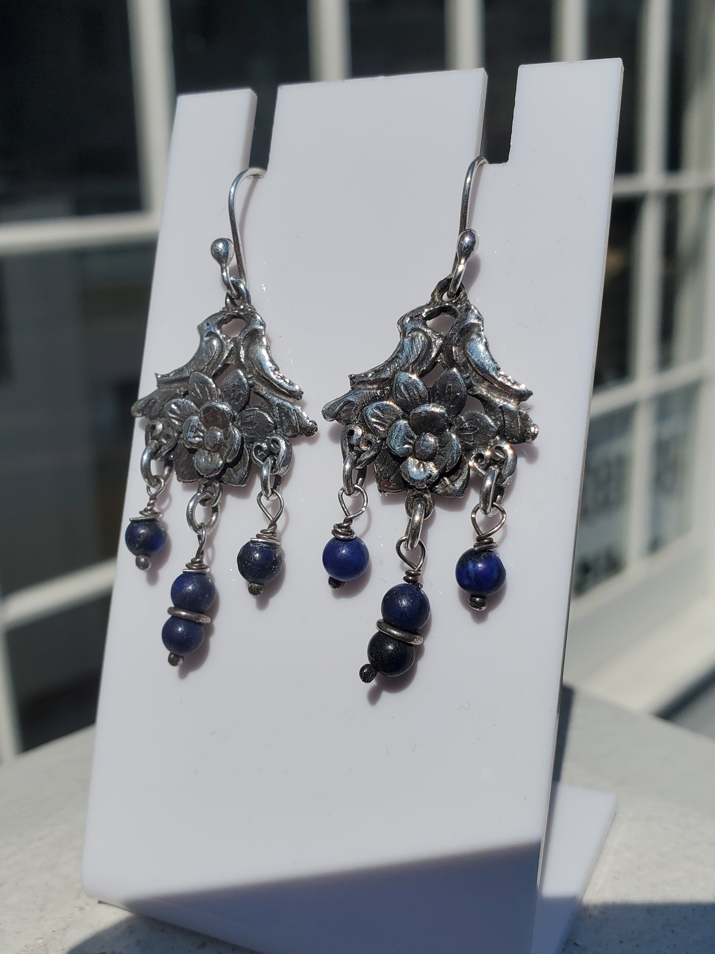 925 Sterling Silver Love Birds Floral Beaded Blue Lapis Dangle Earrings