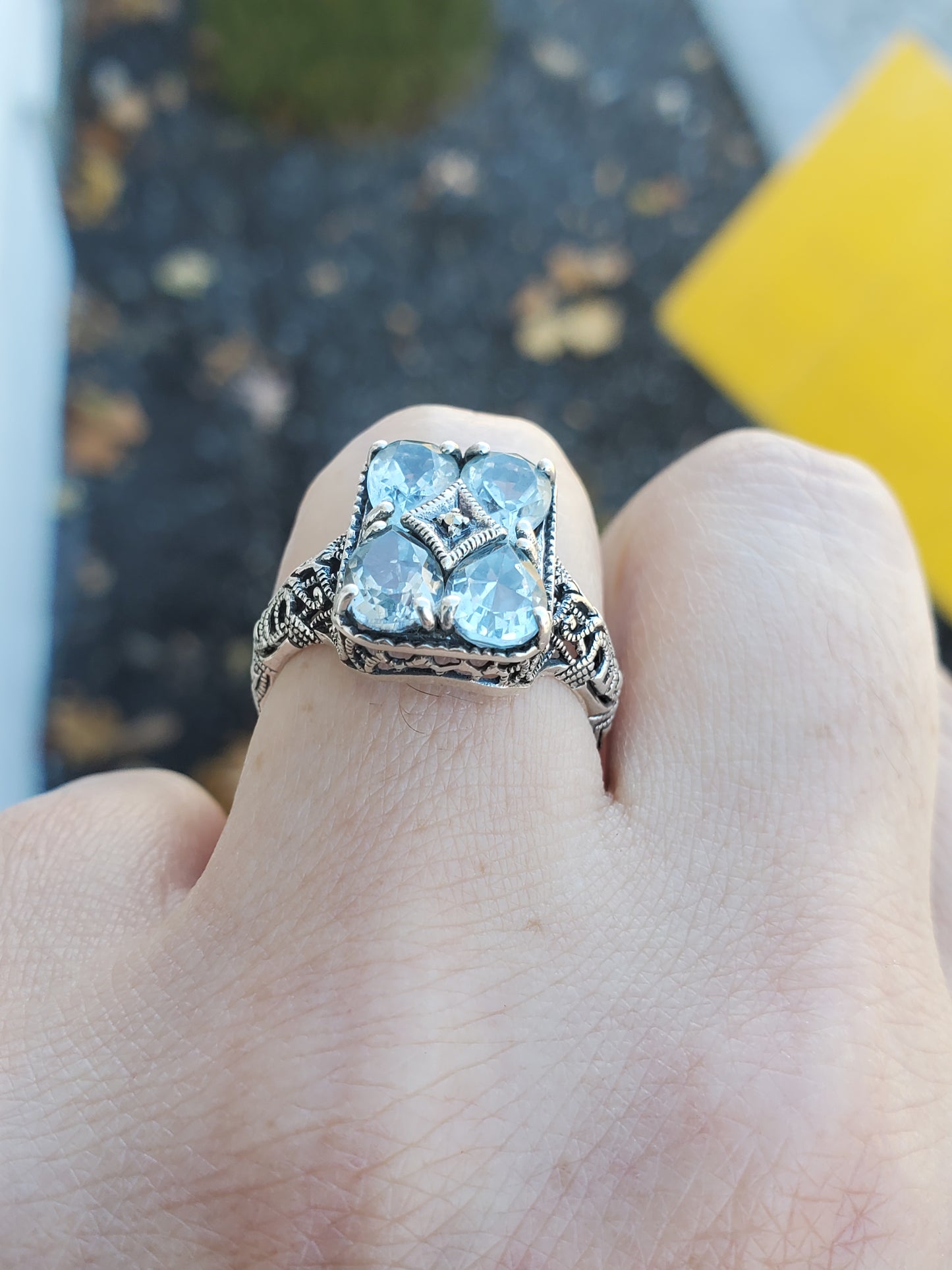 925 Sterling Silver Antique Genuine Aquamarine Grid Filagre Design Setting