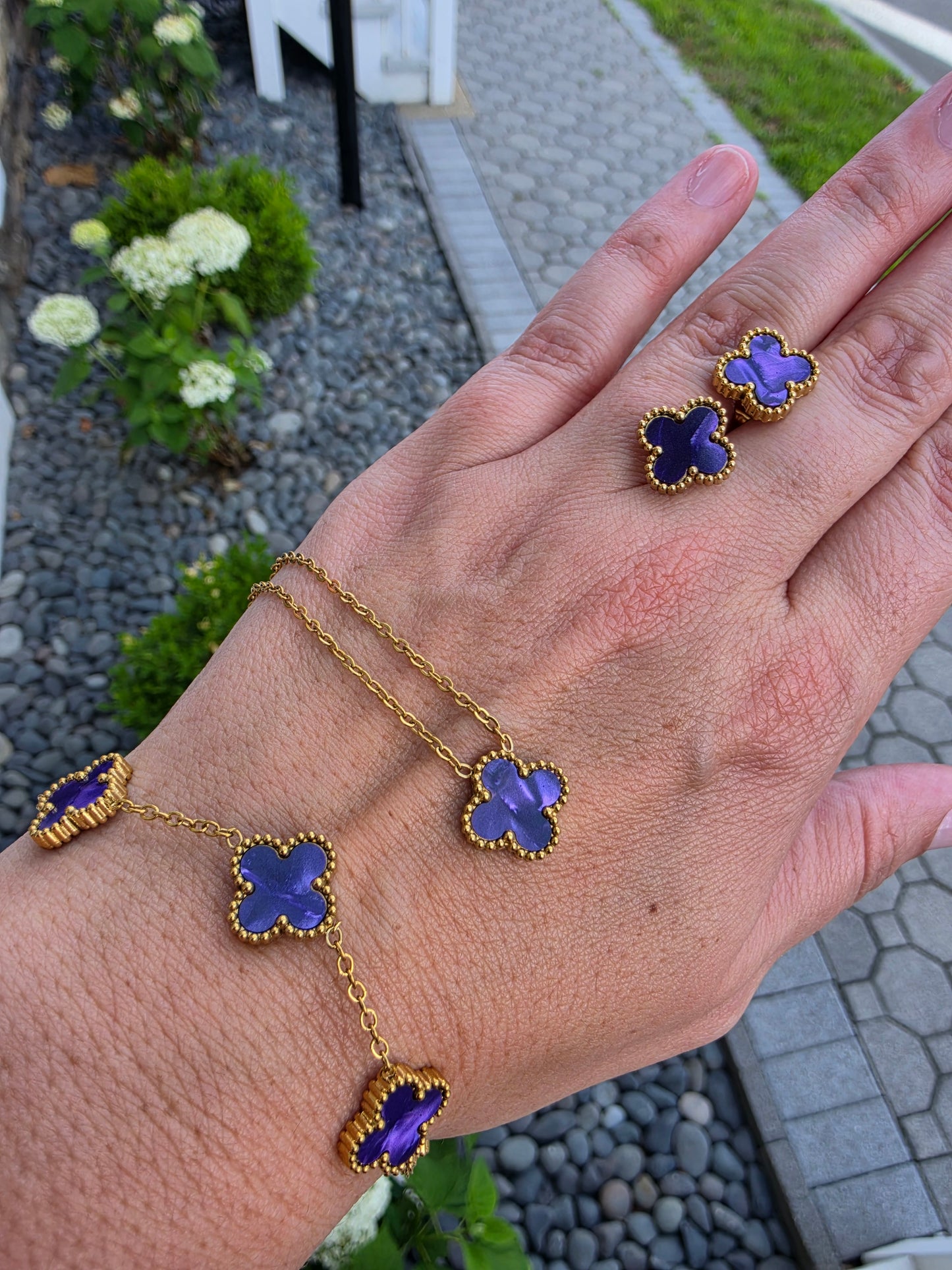 Stainless Steel Gold-plated Clover Station Van Cleef Style Purple Enamel Alhambra Necklace, Bracelet & Earring Gift Set