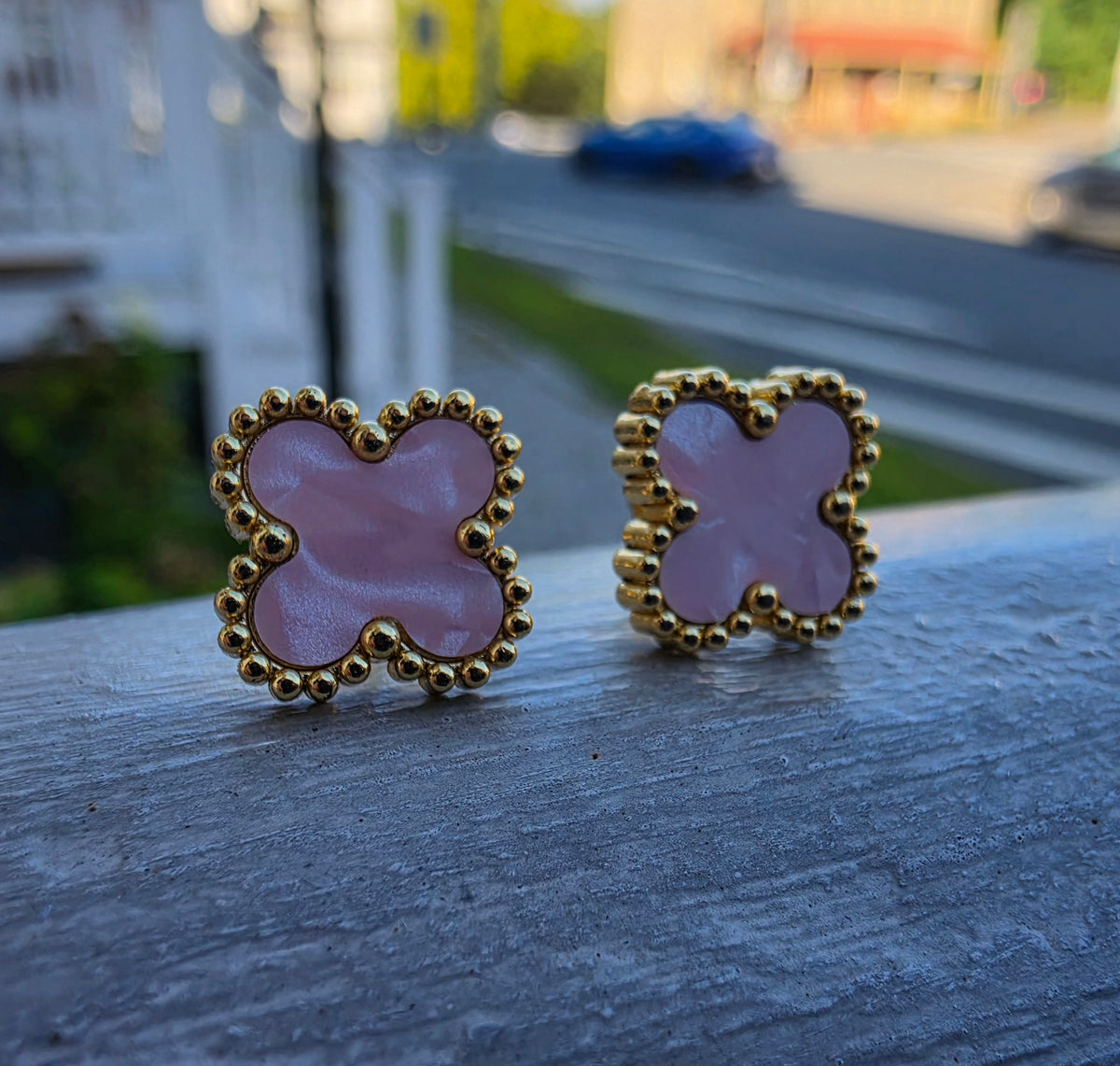 Stainless Steel Vermeil Pink Clover Van Cleef Style Post Stud Earrings