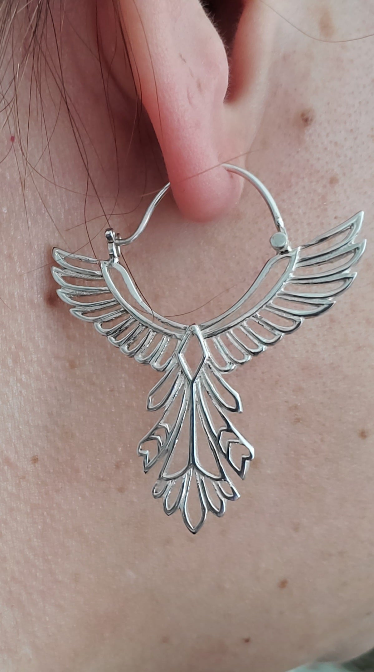 925 Sterling Silver Egyptian Angel Wing Phoenix Filagre Hoop Earrings