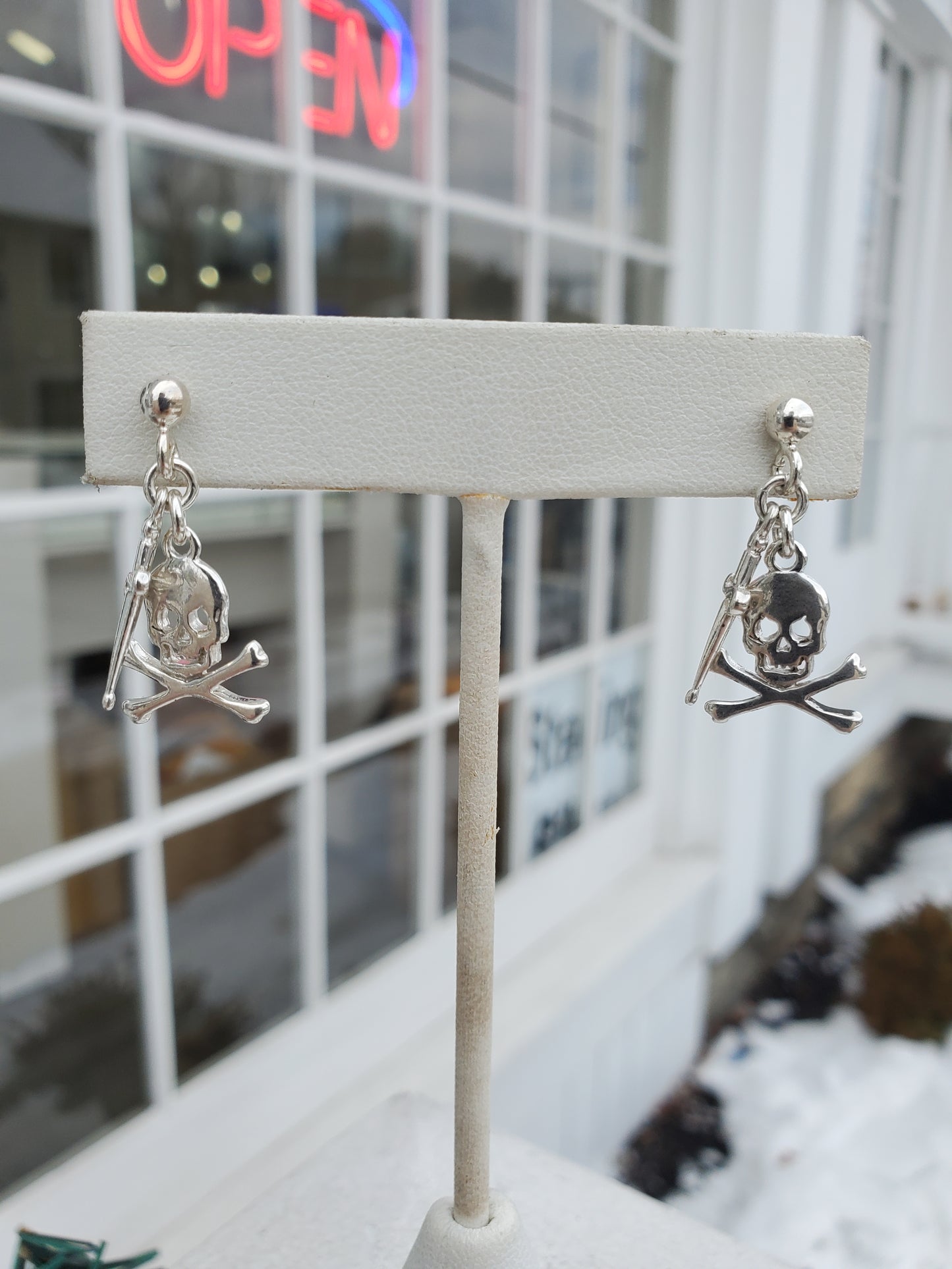 925 Sterling Silver Skull & Dagger Crossbones Dangle Earrings