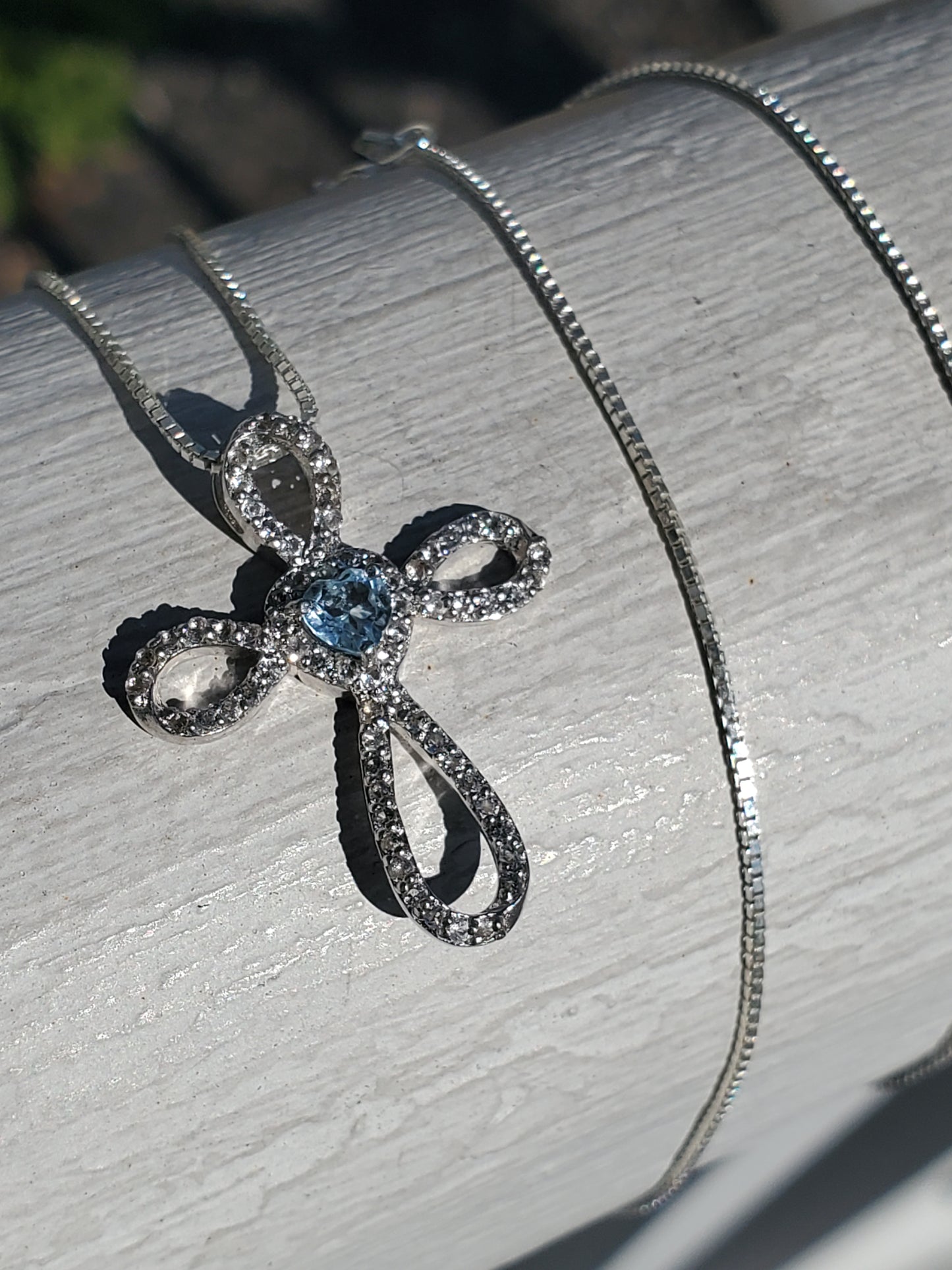 925 Sterling Silver Aquamarine & White Topaz Cross Necklace